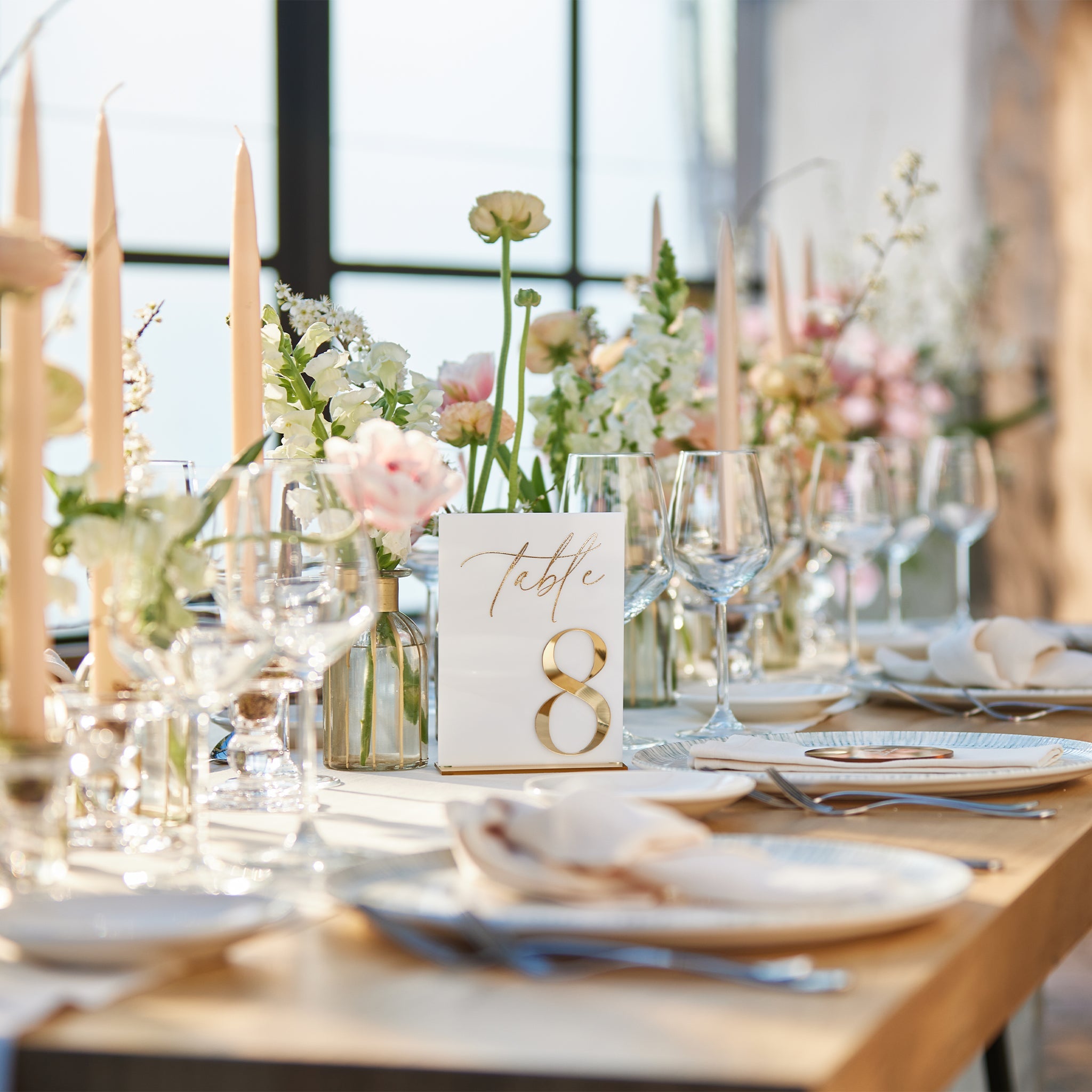 White acrylic wedding table number with 3D gold mirror and stand for reception table