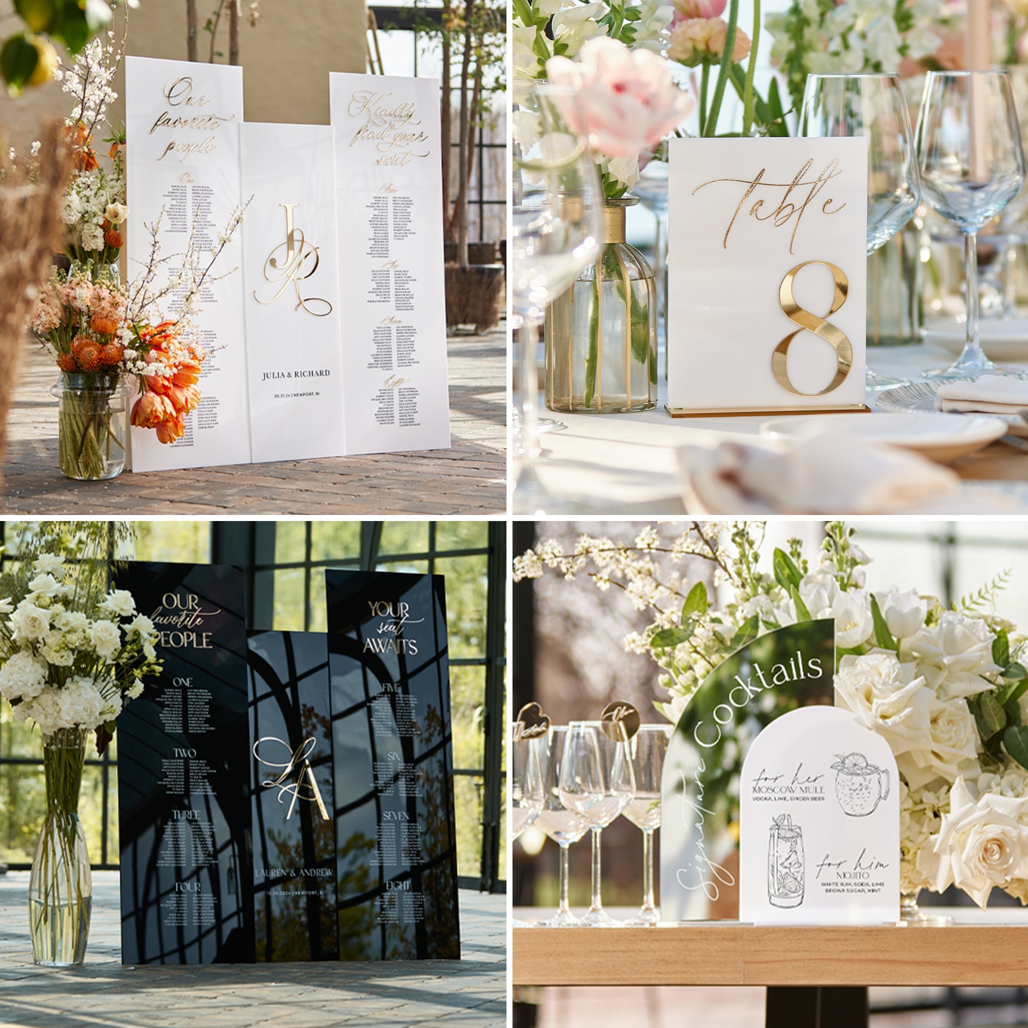Wedding signs collection including welcome signs, seating charts, table numbers and bar signs in white, black, gold mirror and silver acrylic.