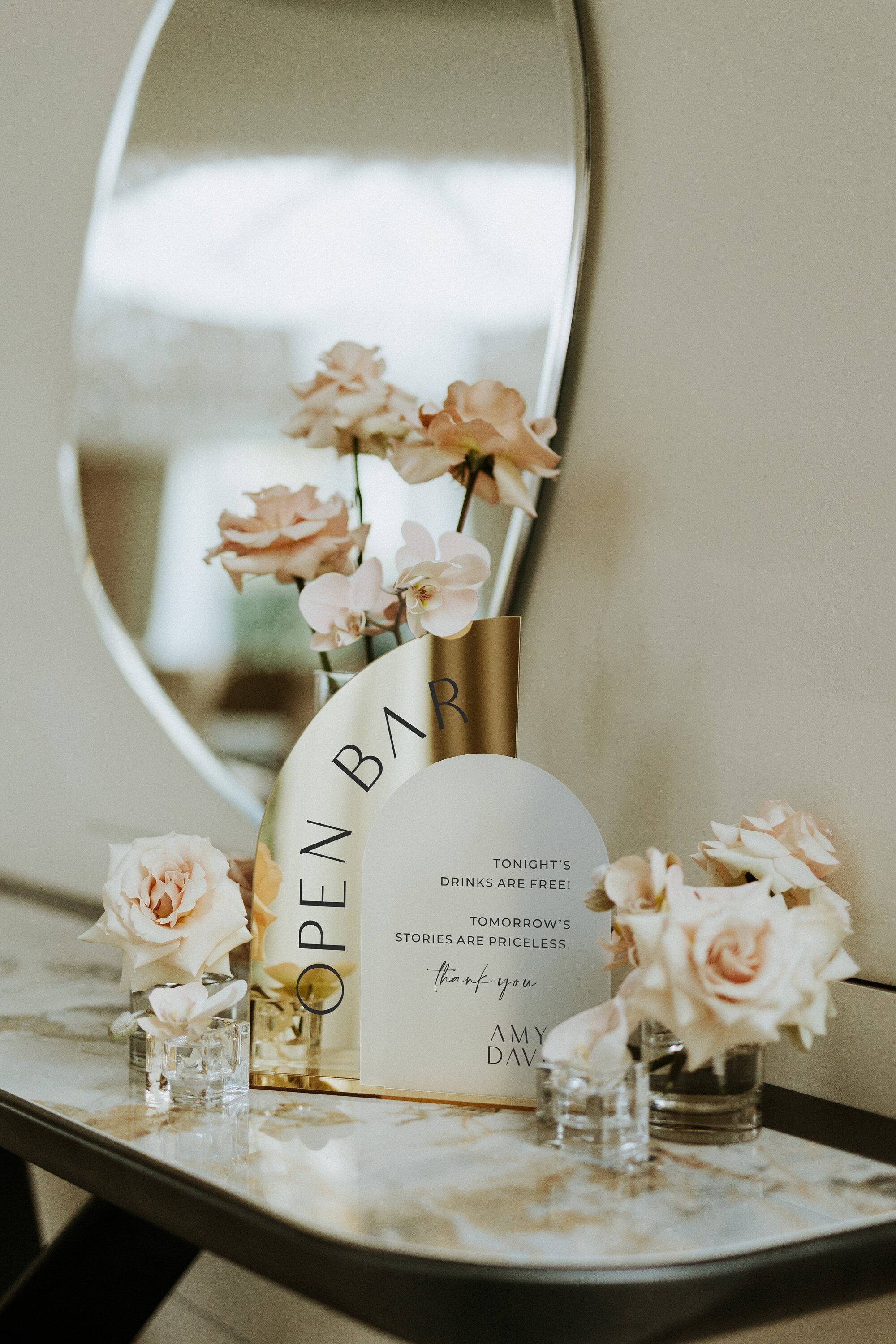Open bar wedding sign in frosted acrylic and gold mirror