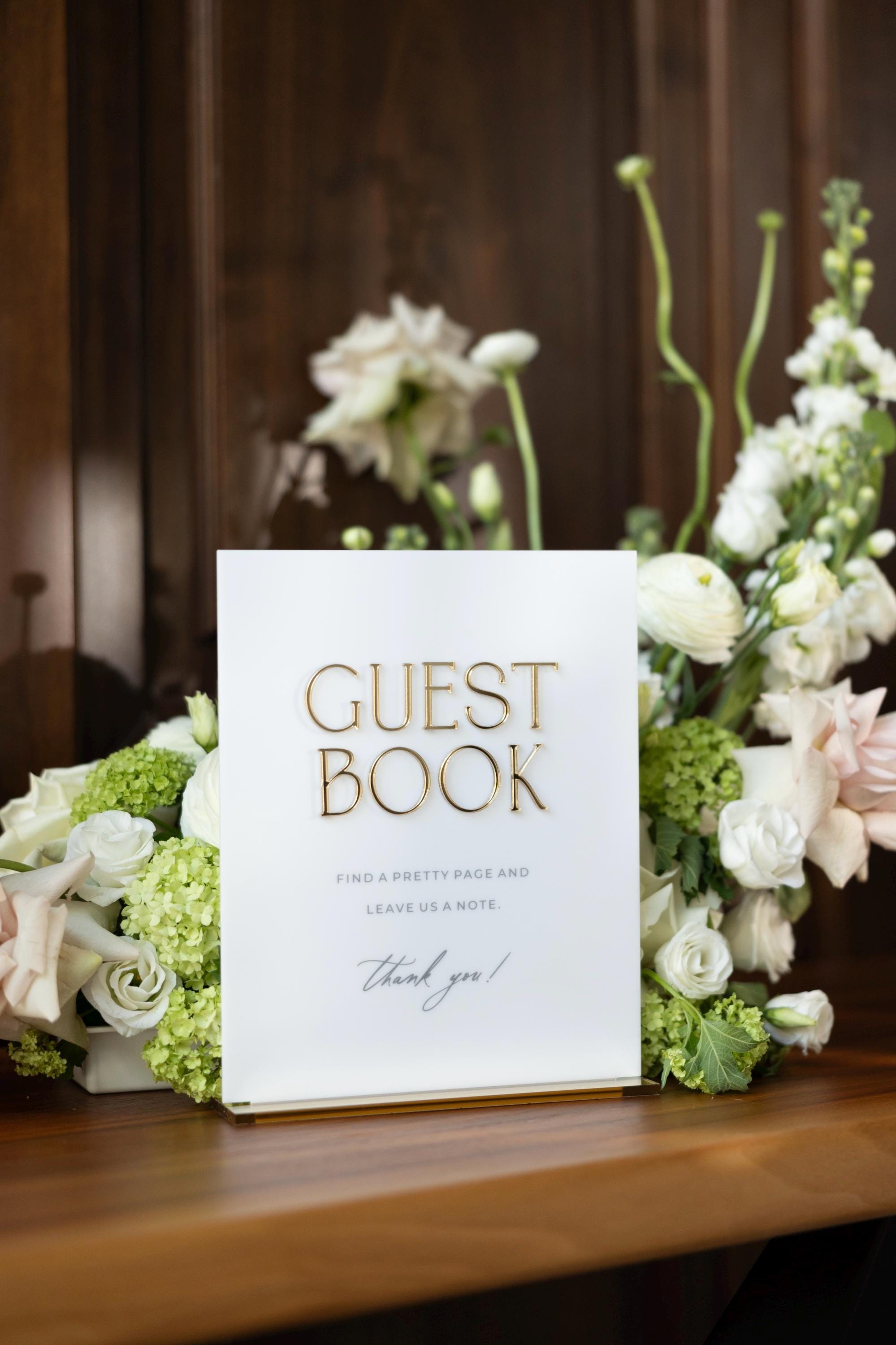 Guestbook wedding sign white acrylic with coordinated gold mirror design
