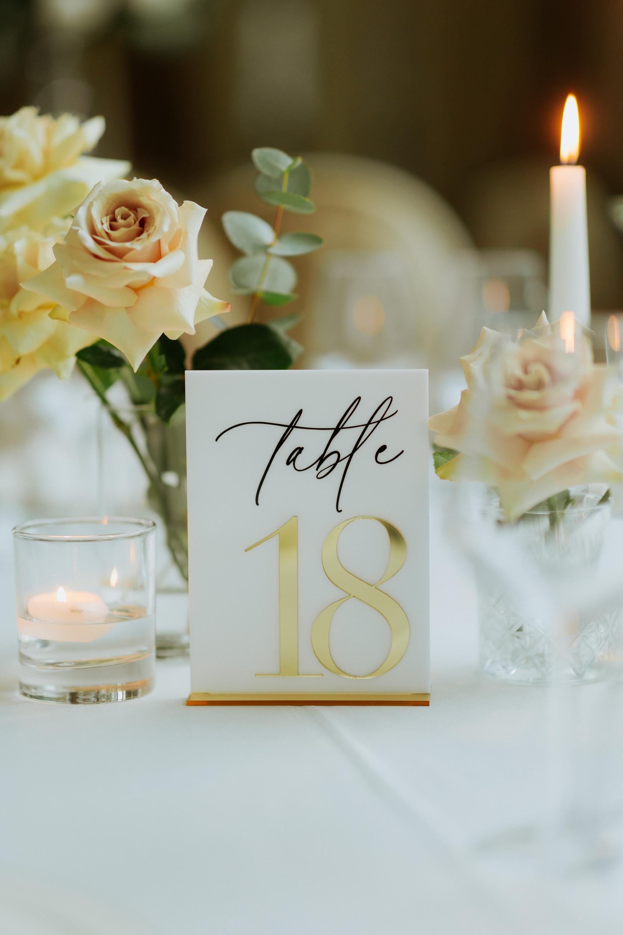 White acrylic 3D wedding table number with gold mirror detail