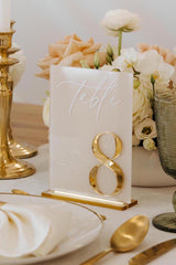 Wedding table number in beige acrylic with 3D gold mirror text