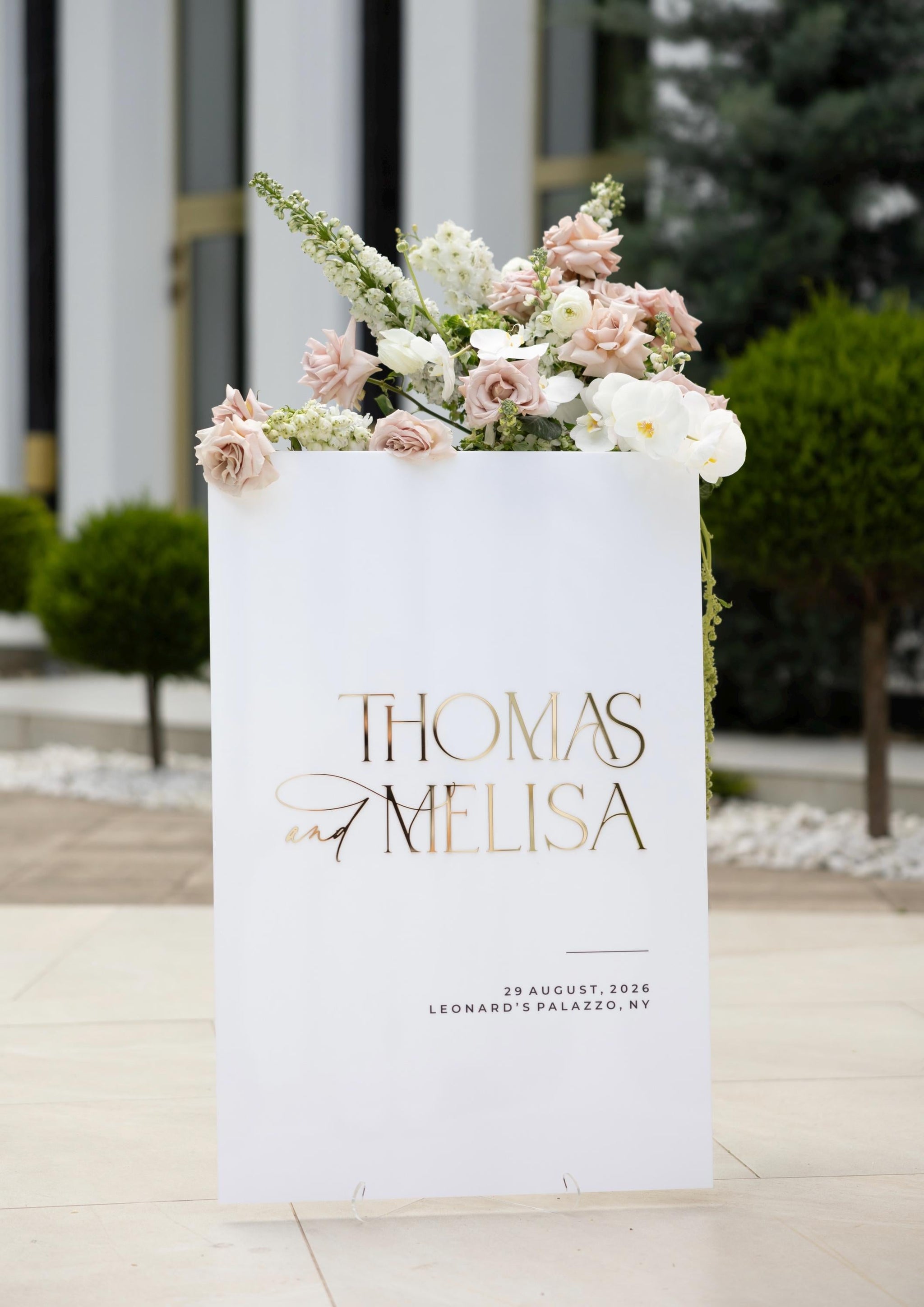 Wedding reception welcome sign white acrylic with elegant 3D gold mirror names
