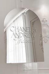 Arched silver mirror wedding welcome sign with 3D personalized names 

