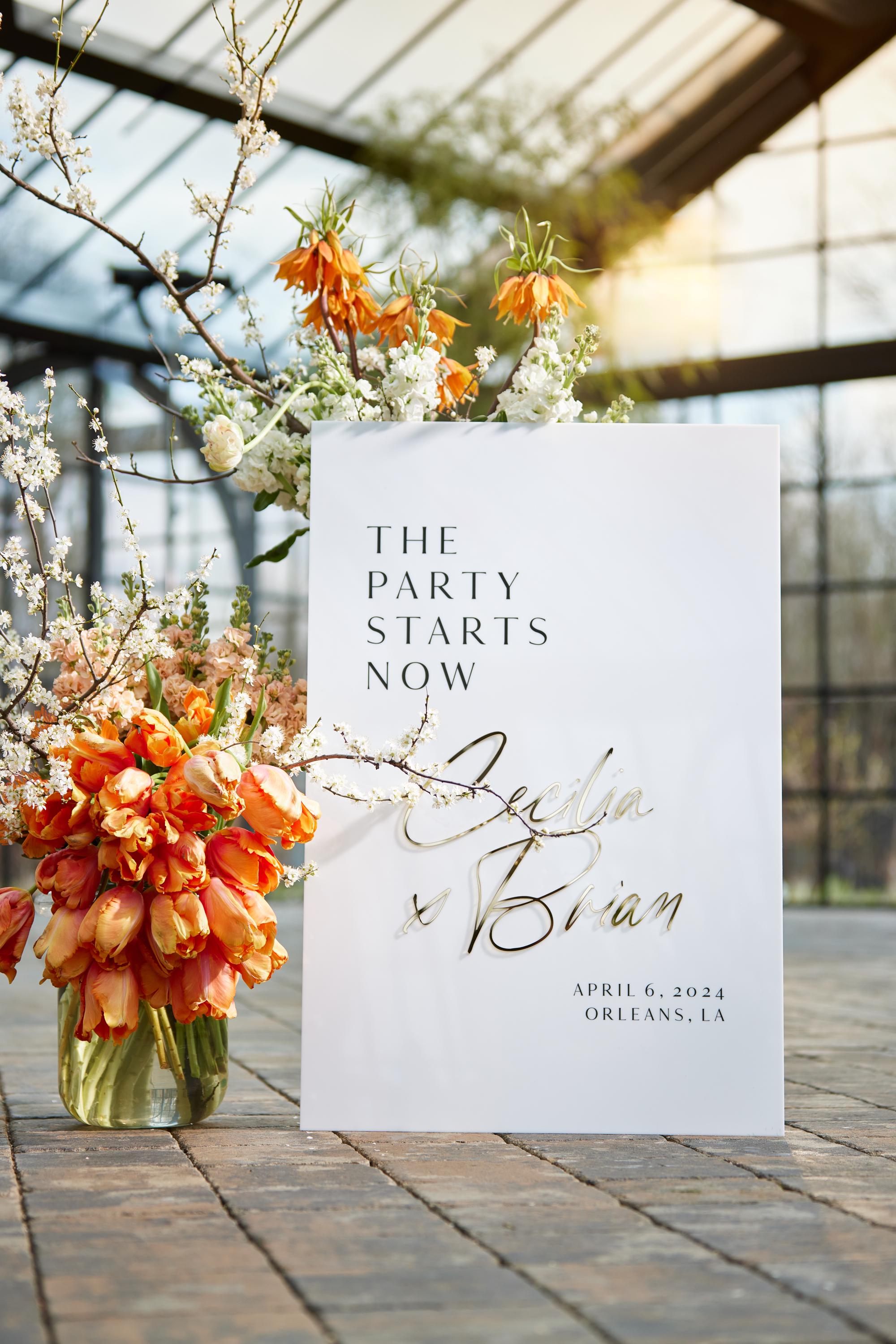 Wedding ceremony sign white acrylic with 3D gold mirror personalized names
