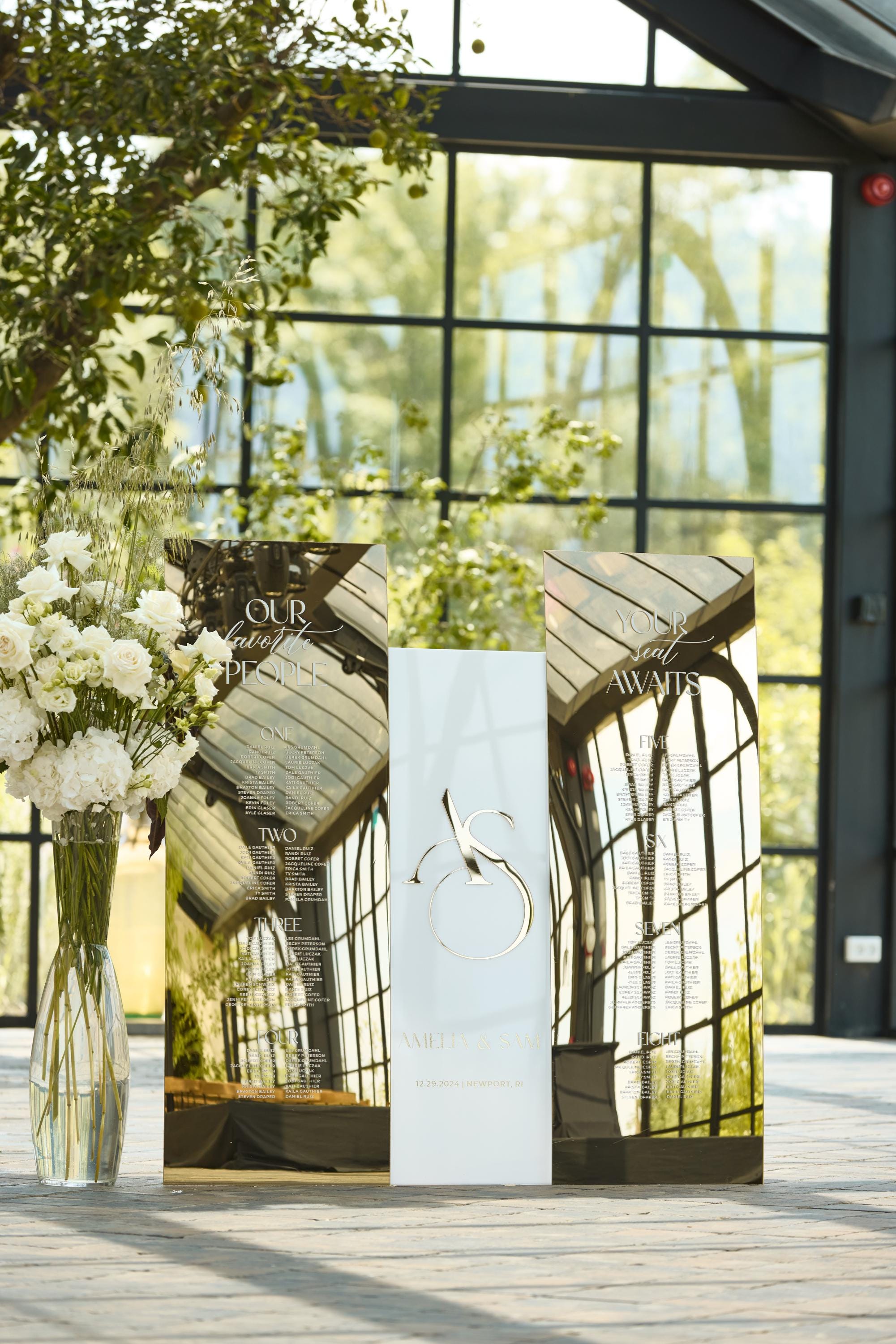 Wedding signs gold mirror and white acrylic with personalized details

