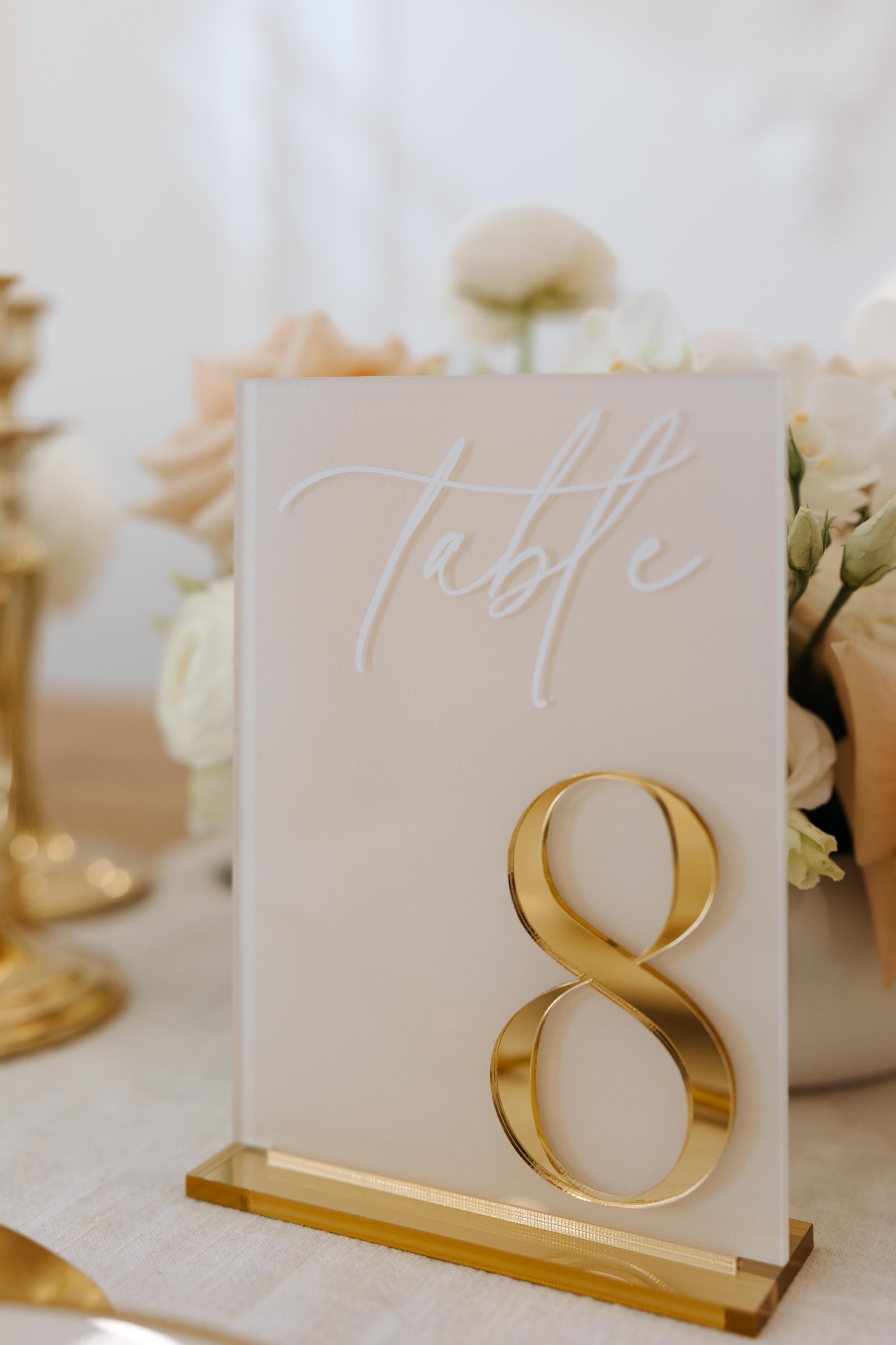 Beige and gold mirror acrylic table number for wedding reception