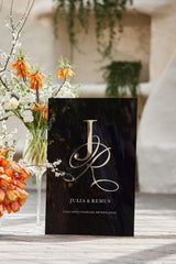 Black acrylic wedding welcome sign with 3D gold mirror initials