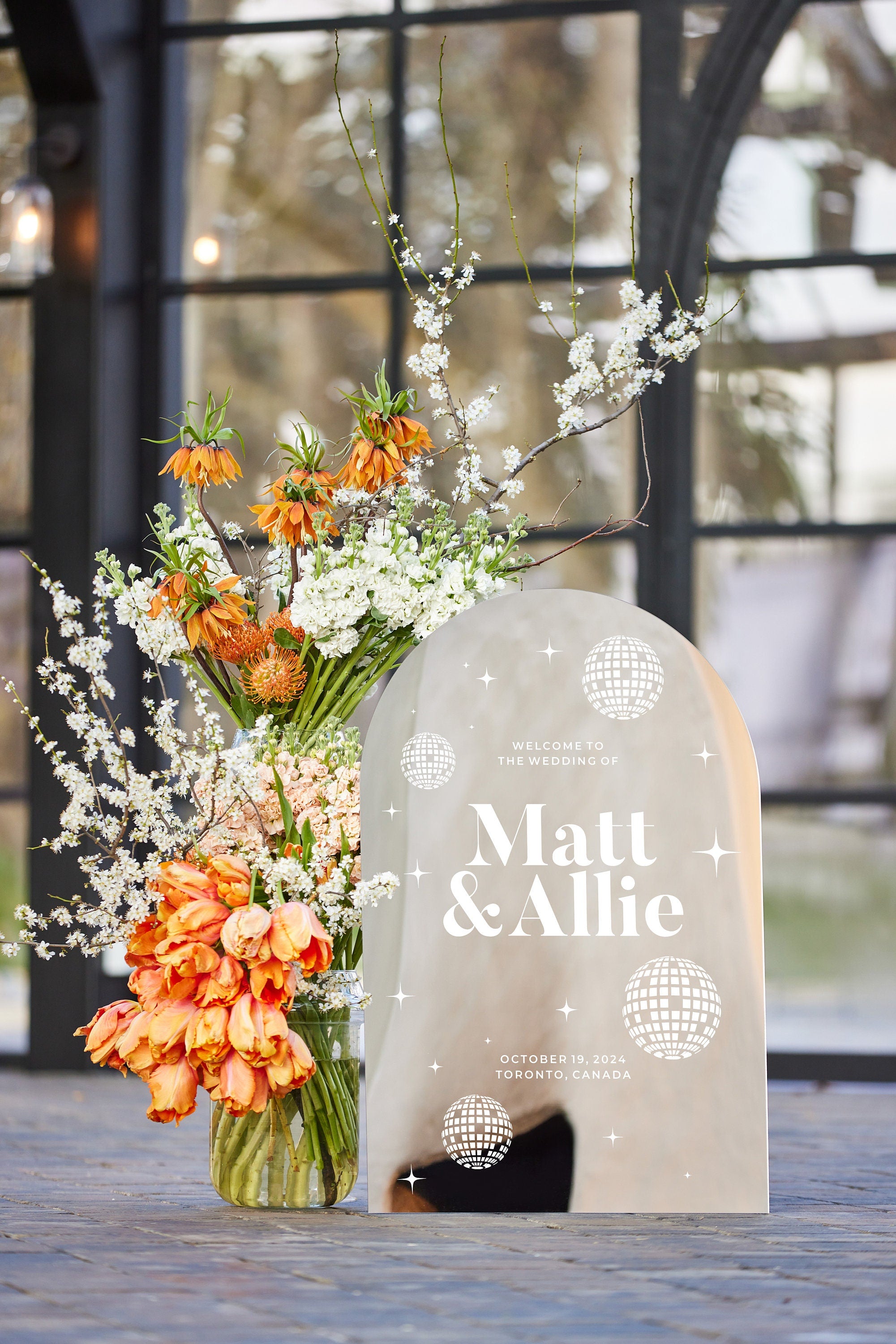 Disco ball wedding welcome sign arched silver mirror acrylic
