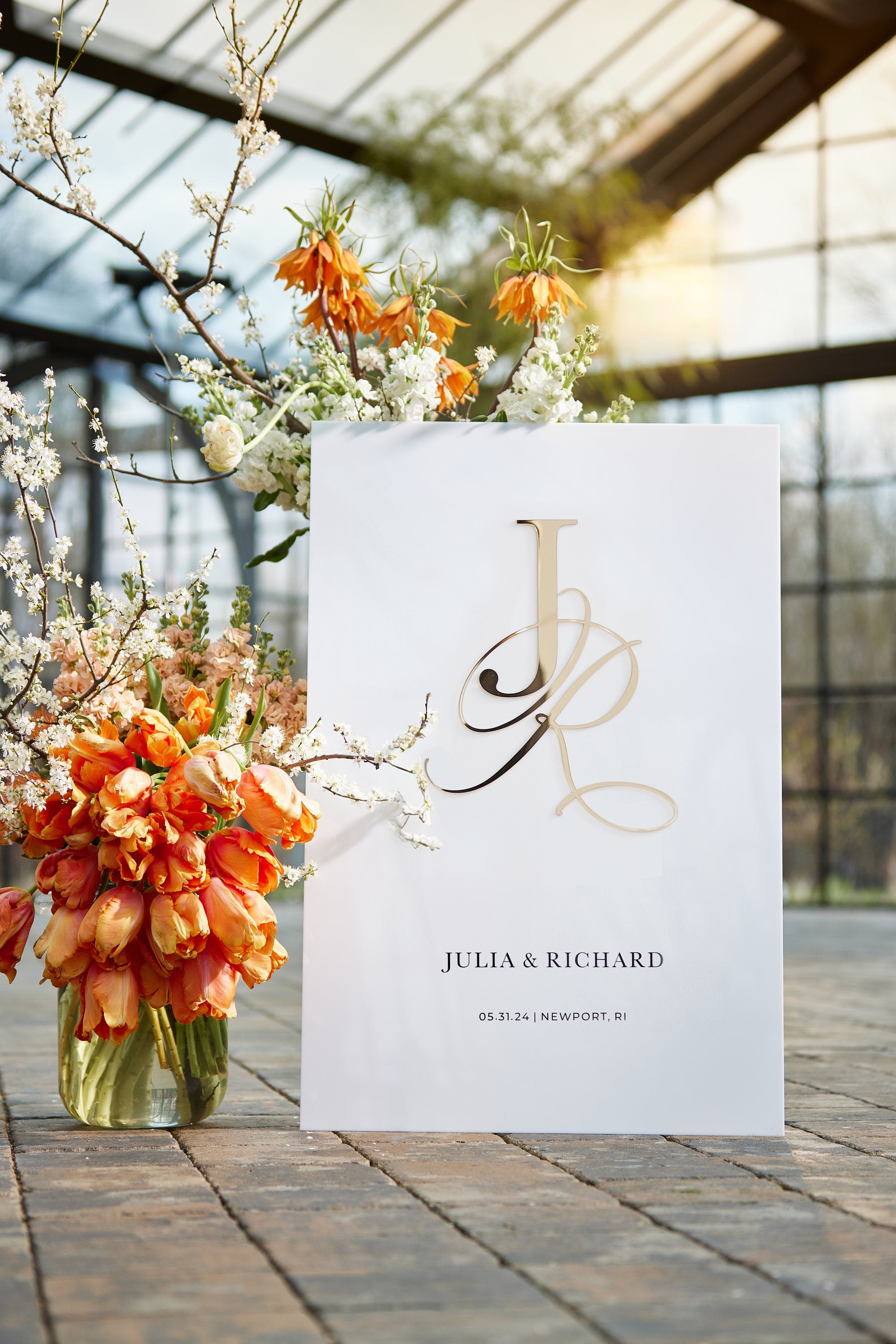 Personalized white acrylic wedding sign with 3D gold mirror monogram and date
