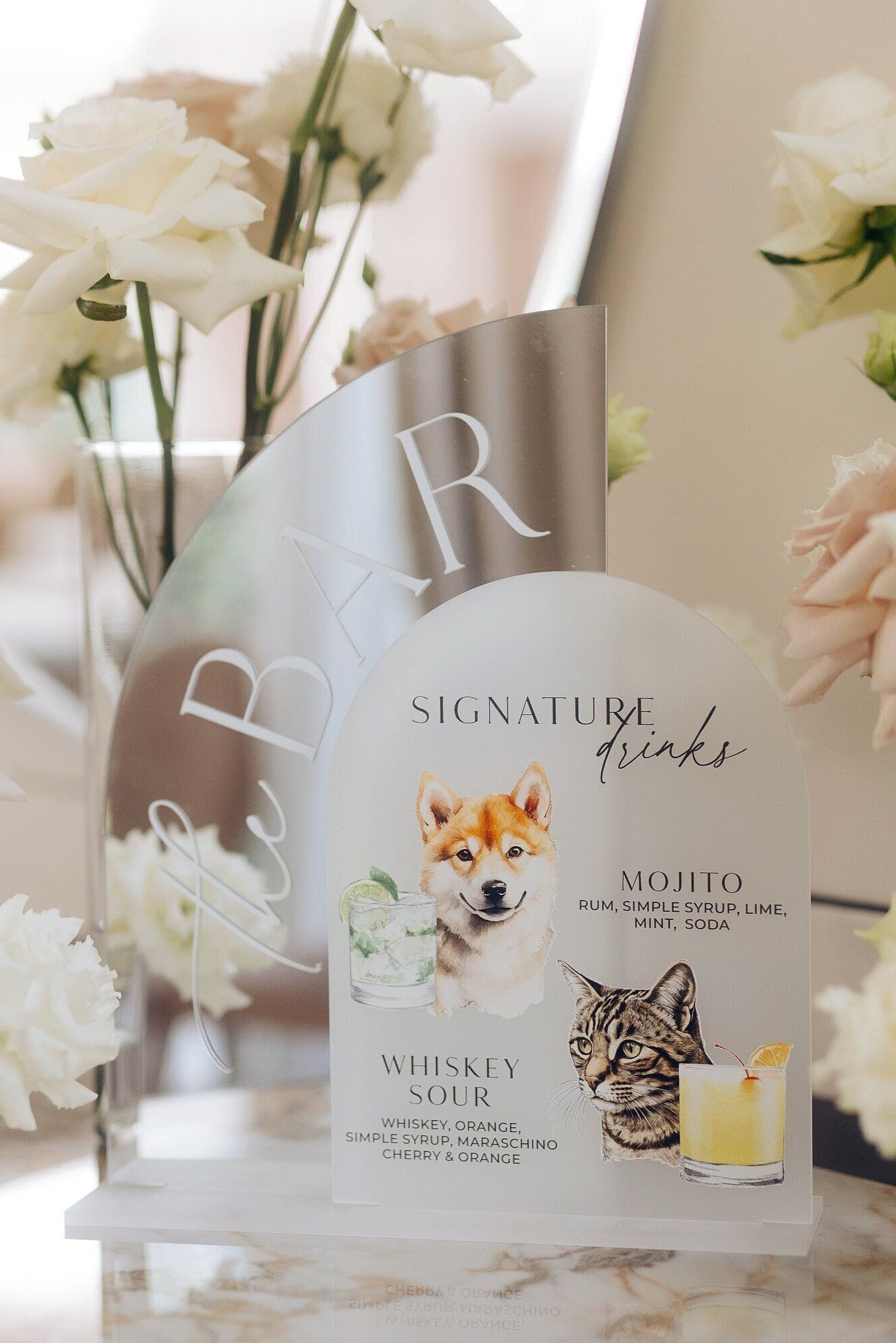 Silver mirror and frosted acrylic dog signature drink signs arched shape
