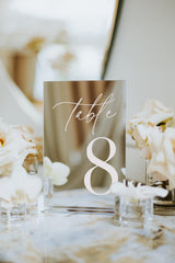 Silver mirror acrylic wedding table numbers with stands on reception table
