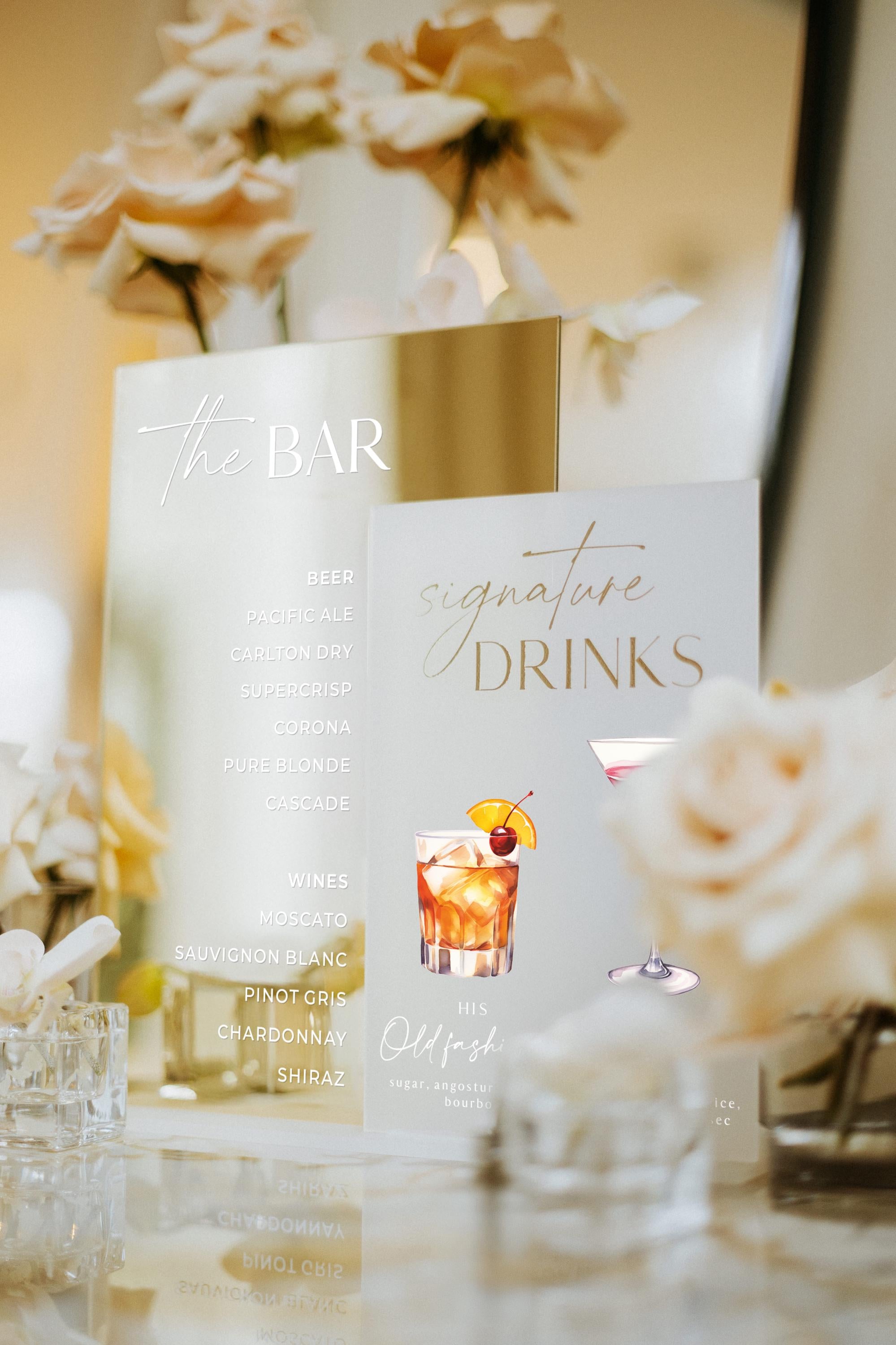 Personalized wedding signature drink sign in gold mirror acrylic
