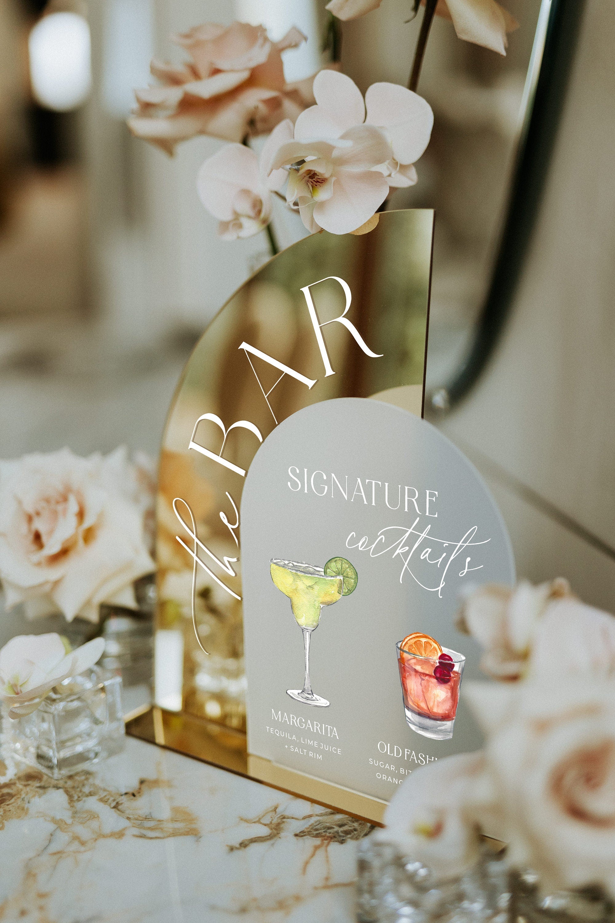 Elegant wedding bar signage in gold mirror and frosted acrylic
