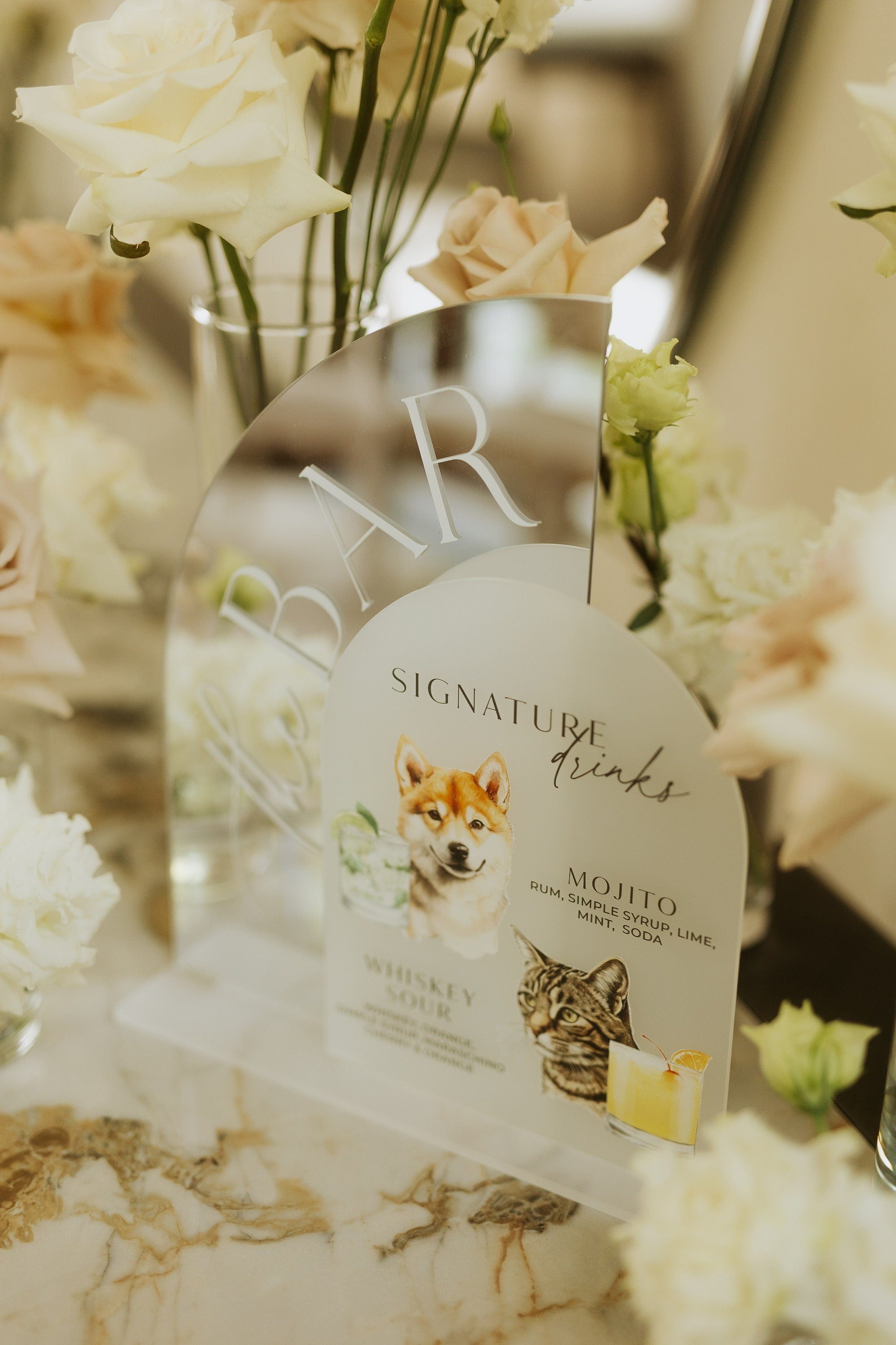 Dog signature drink sign set in silver mirror and frosted acrylic
