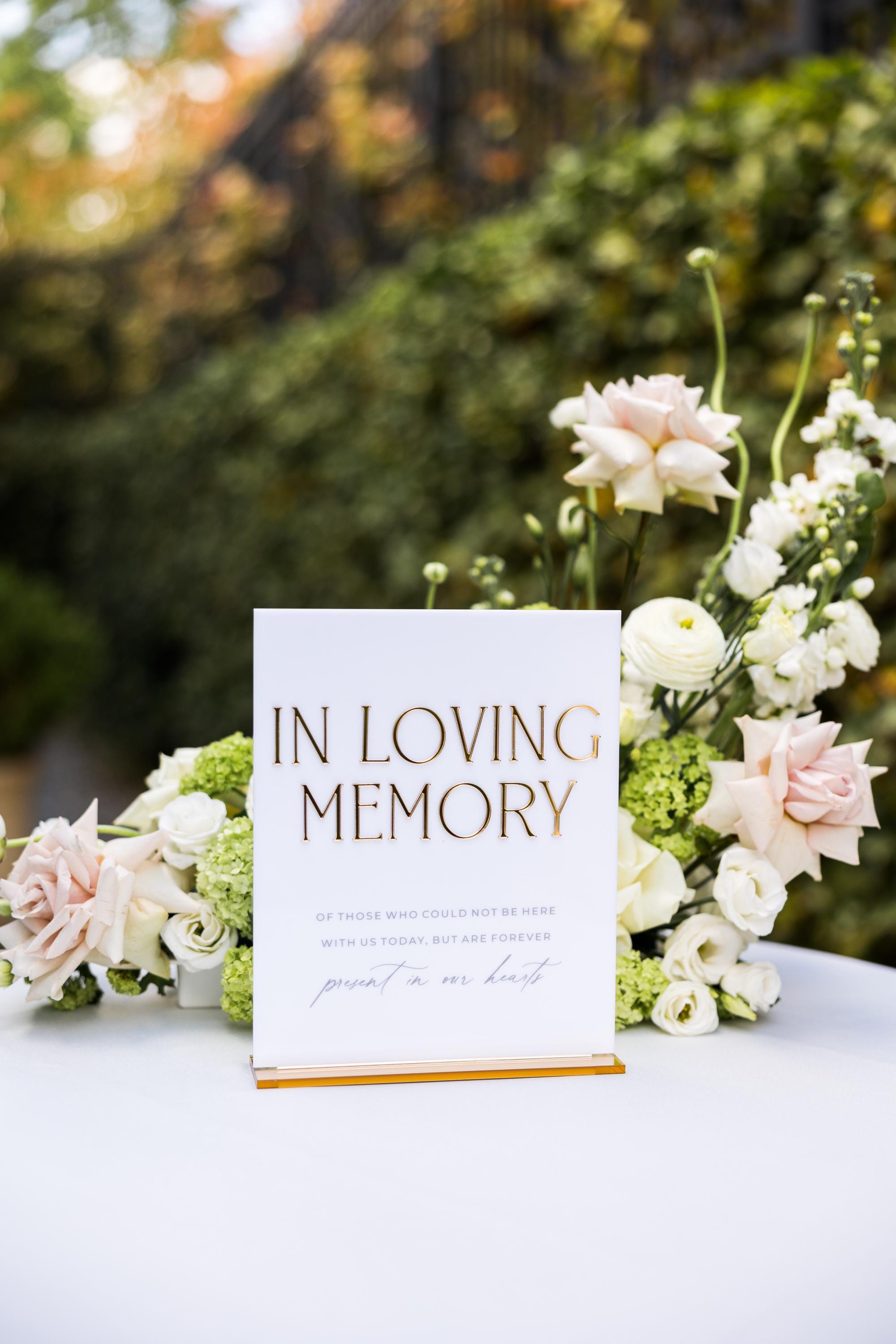 In Loving Memory wedding sign white acrylic with 3D gold mirror lettering
