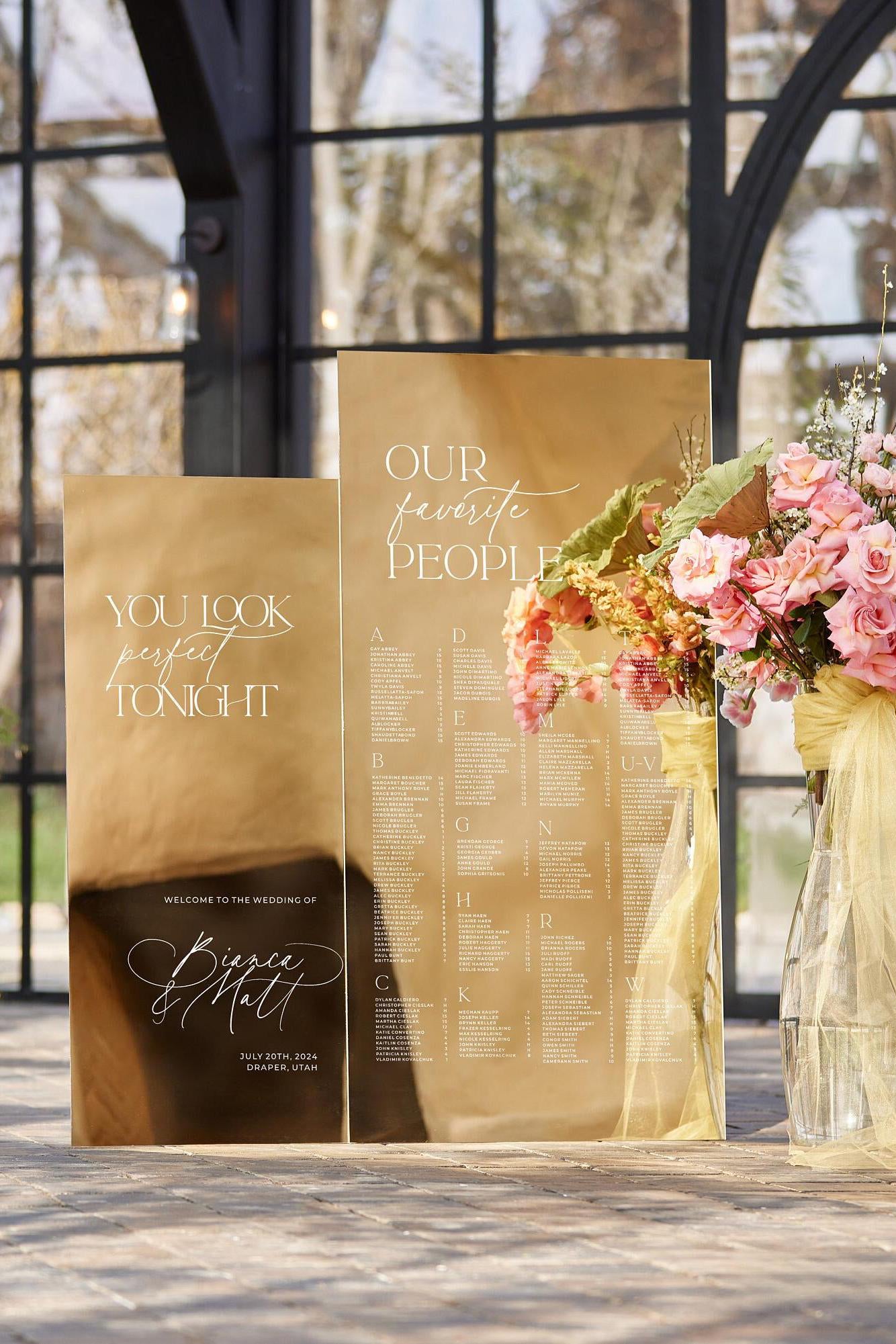 Gold mirror wedding signs bundle with Our Favorite People seating chart and welcome sign at reception
