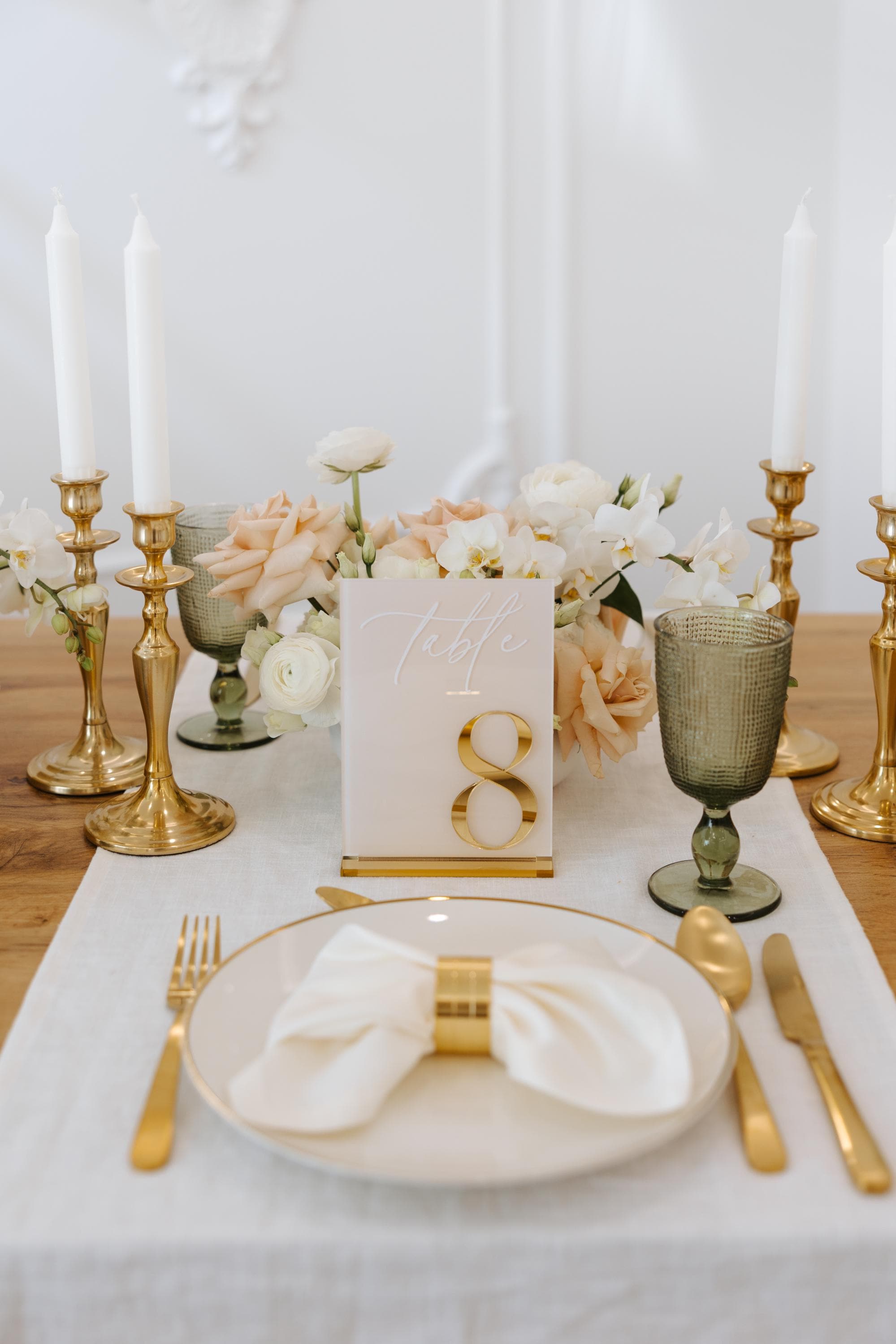 Elegant wedding table number in beige acrylic with gold accents