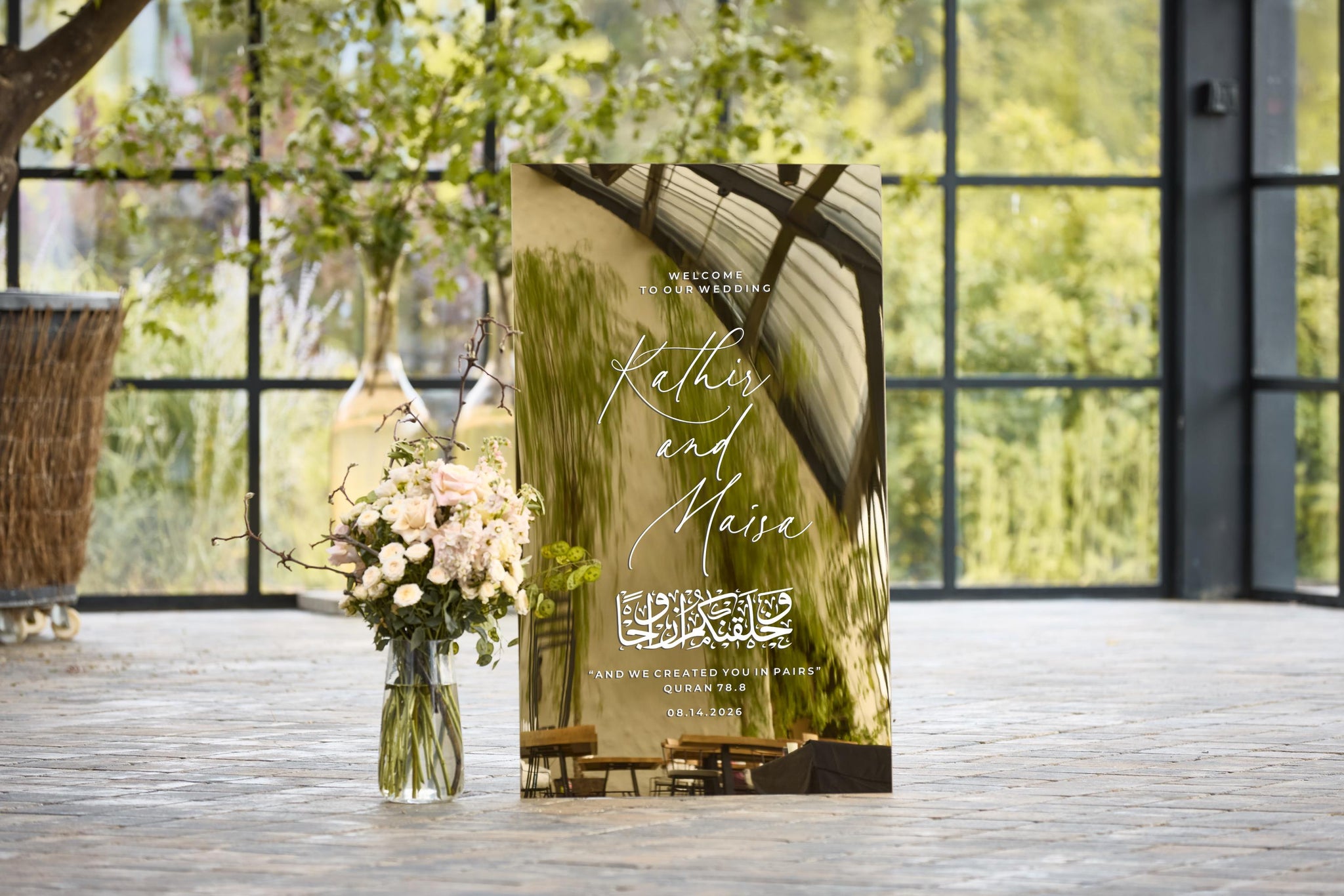 Elegant Nikkah welcome sign with gold mirror acrylic and Arabic script
