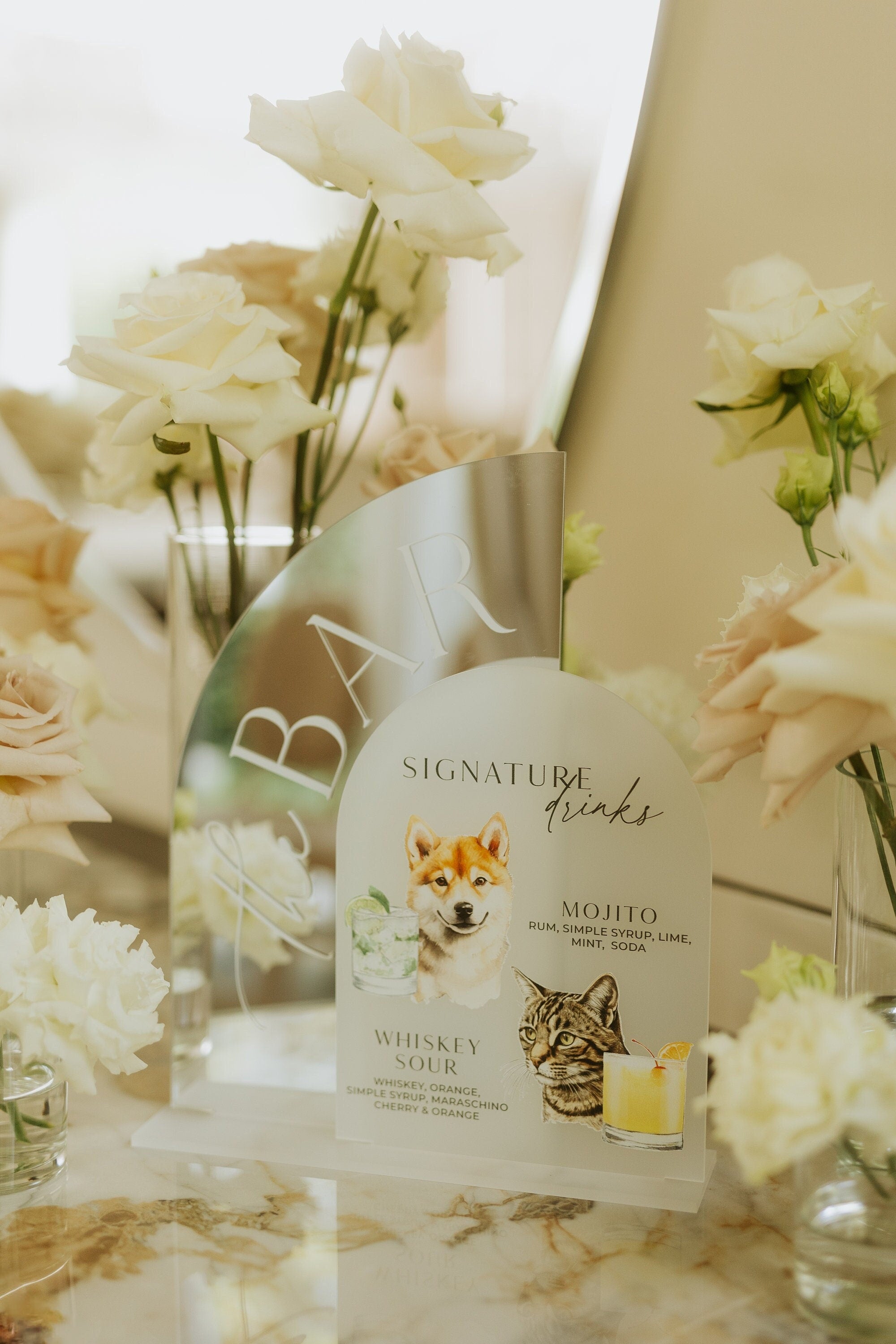 Custom pet bar sign set with dog illustrations and signature cocktails
