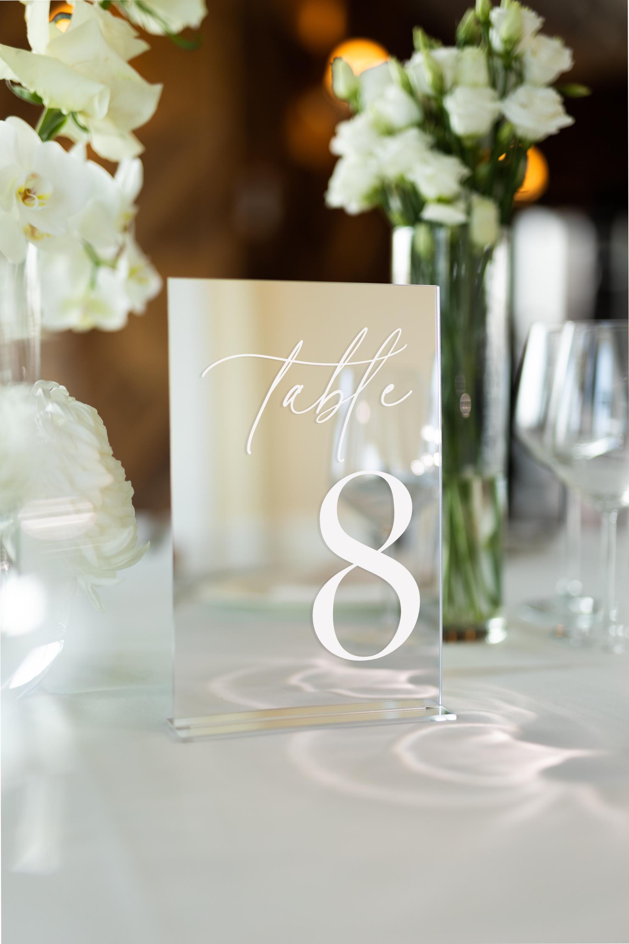 Silver mirror acrylic table number sign with matching stand detail view
