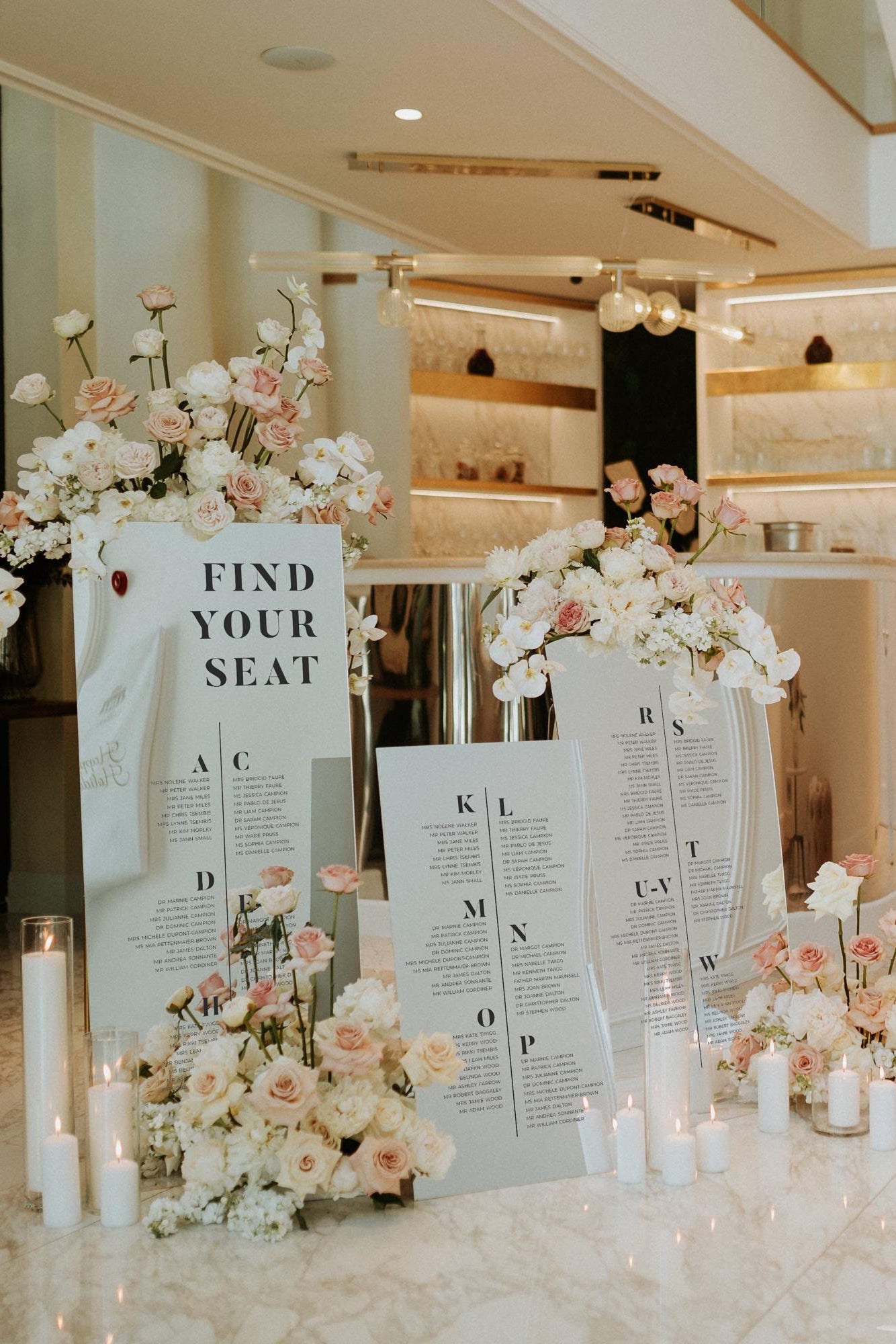 Set of 3 silver mirror wedding seating chart sign in alphabetical order
