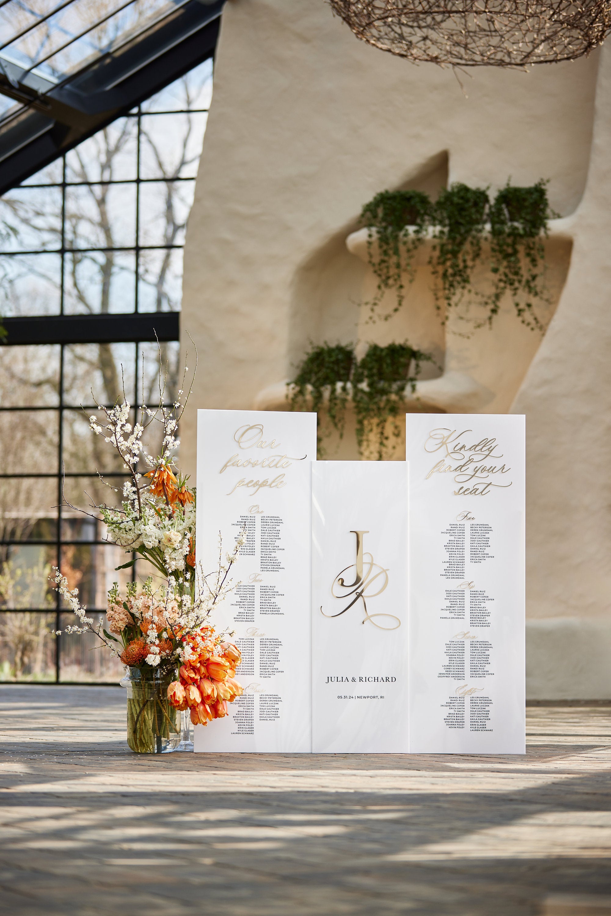 Wedding signage bundle white acrylic with gold mirror Our Favourite People and Kindly Find Your Seat titles
