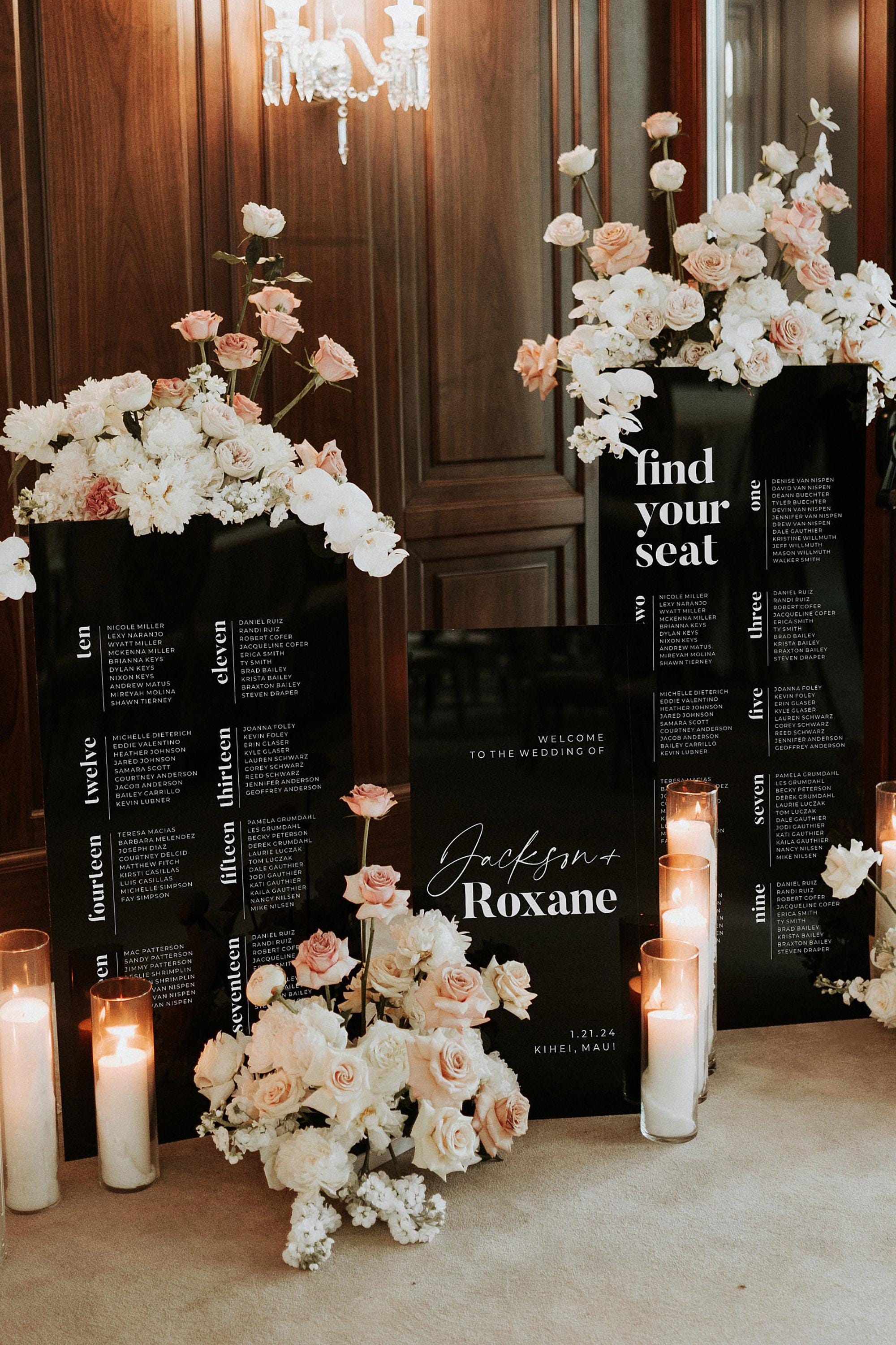 Custom black acrylic wedding signage bundle with table seating plan