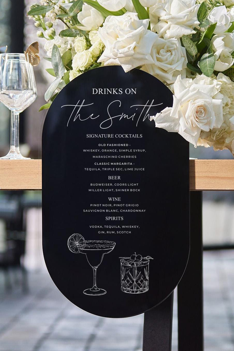 Black acrylic bar menu sign for wedding reception