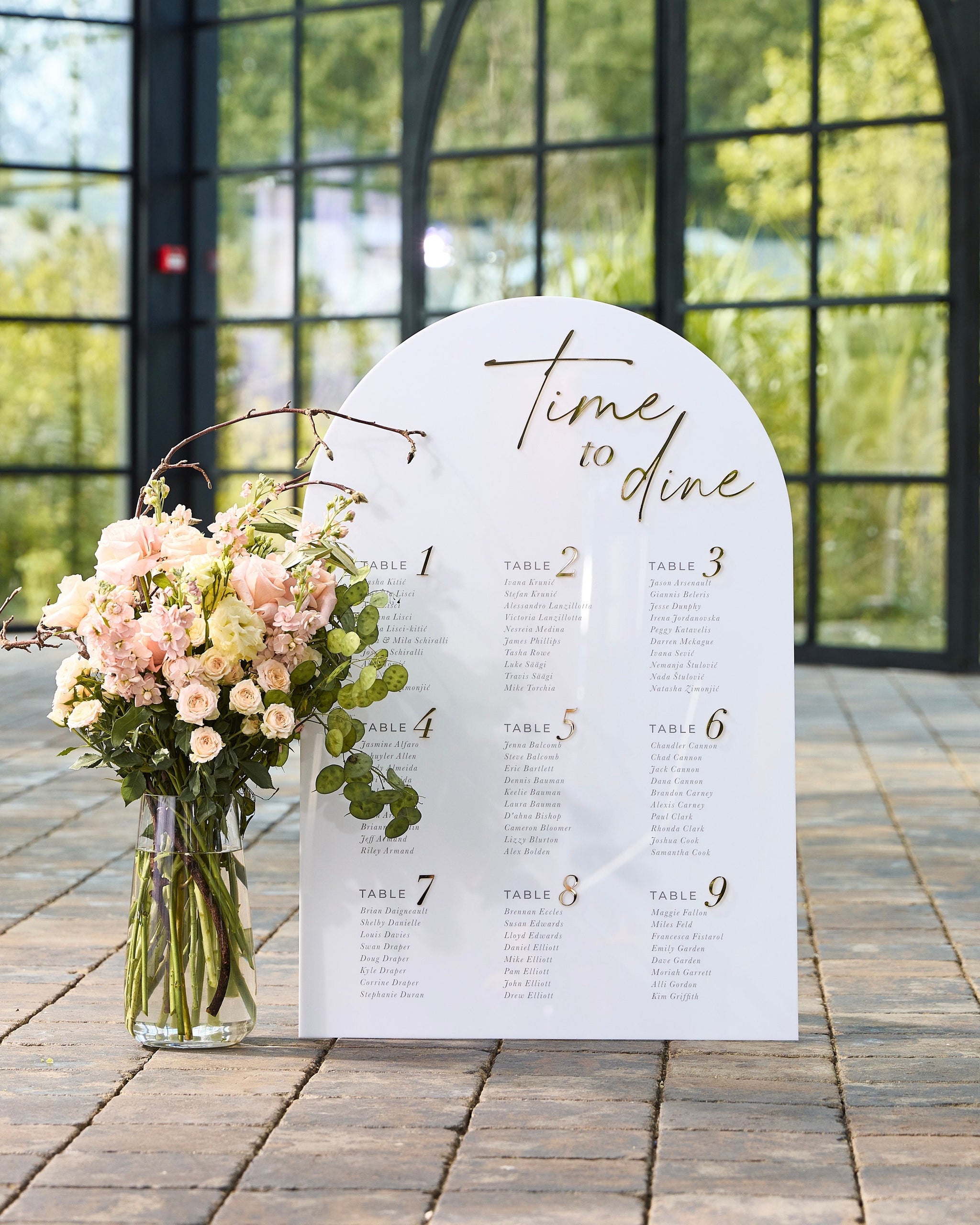 Premium white acrylic arch seating chart with 3D gold mirror Time to Dine design
