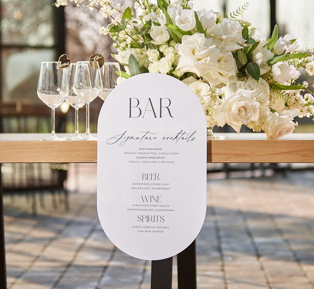 Oval White Acrylic Wedding Bar Sign for Signature Cocktails and Drinks Menu