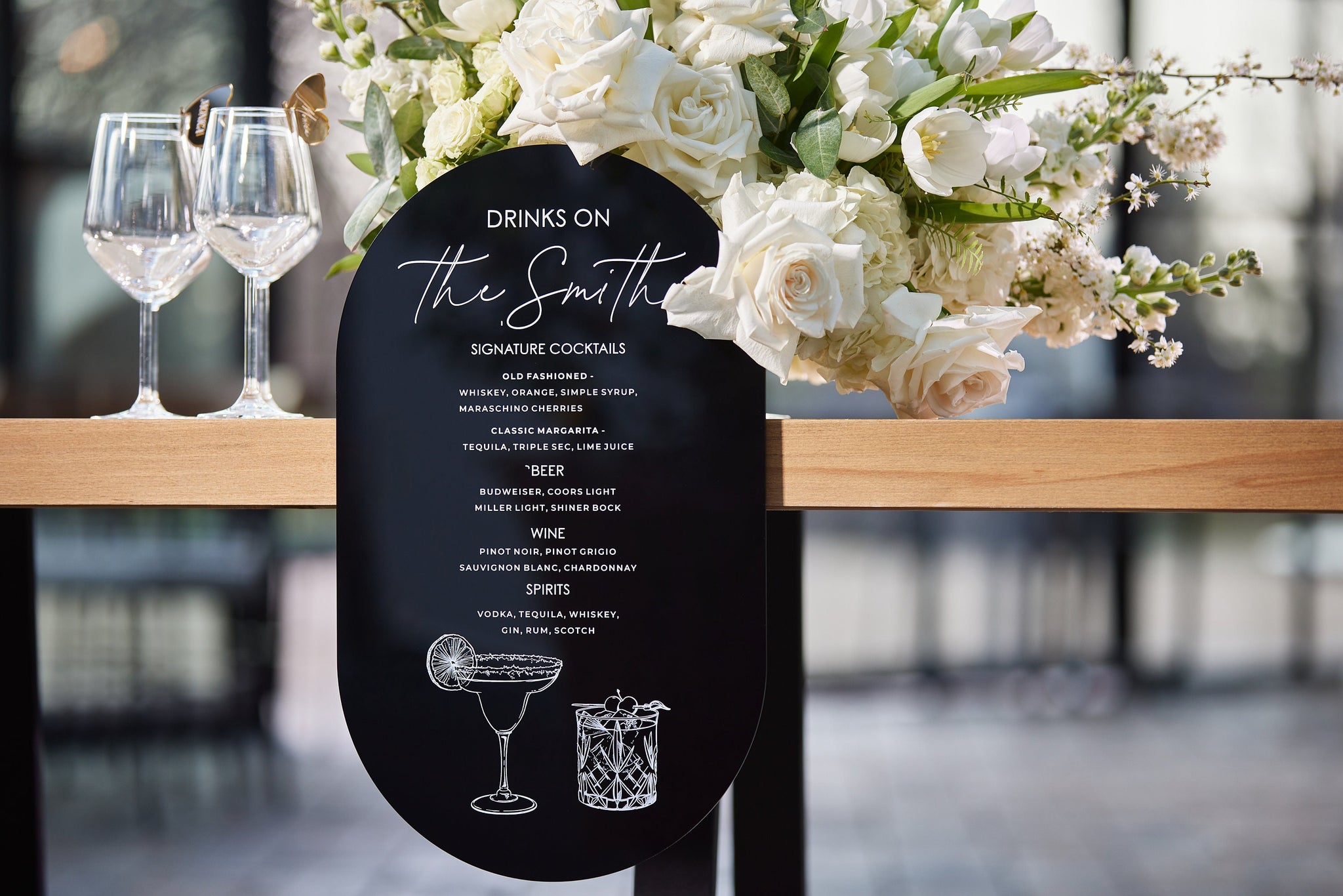 Custom black acrylic bar menu sign with personalized signature cocktails
