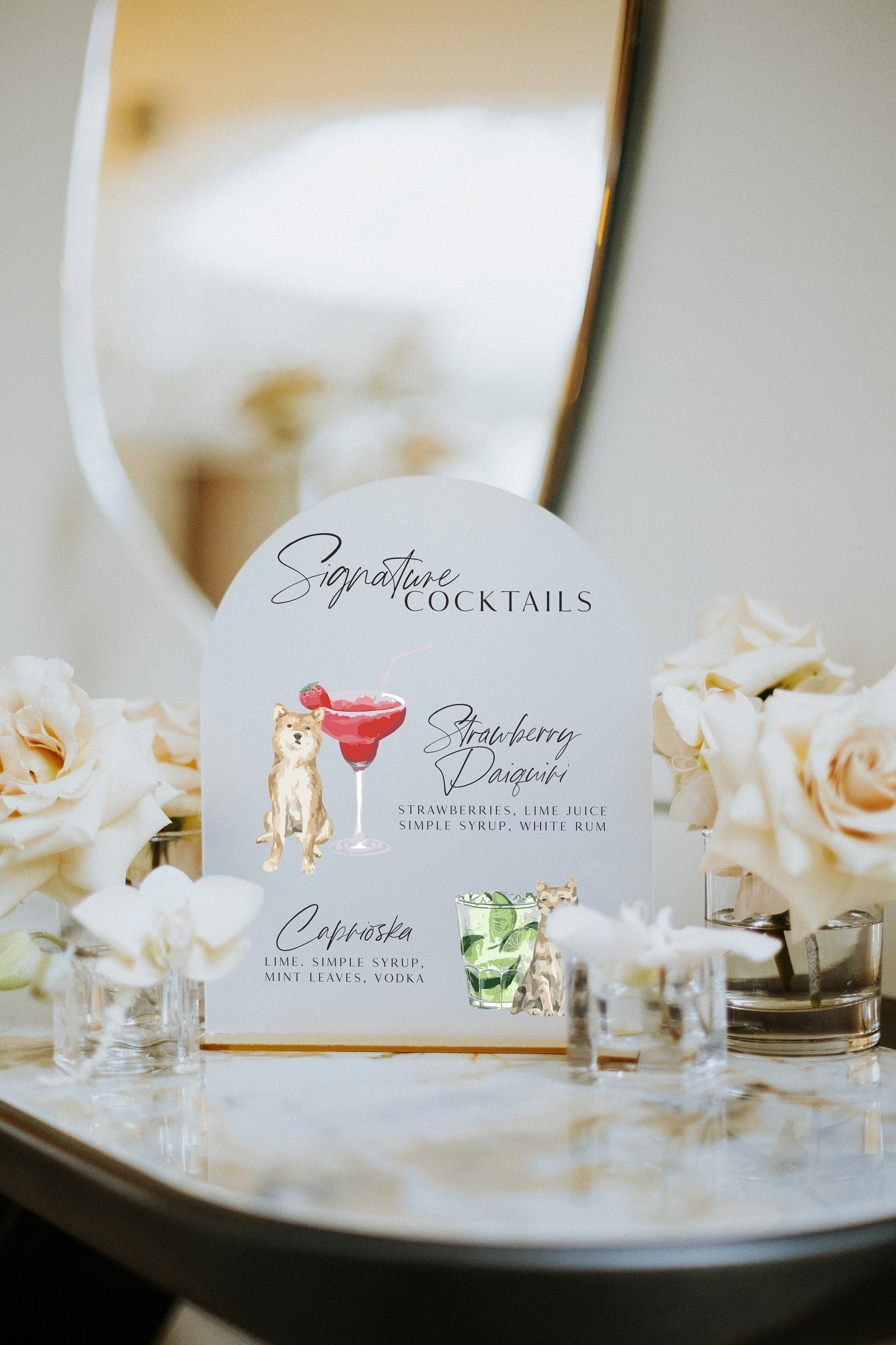 Wedding bar sign featuring his and hers cocktails with personalized dog art
