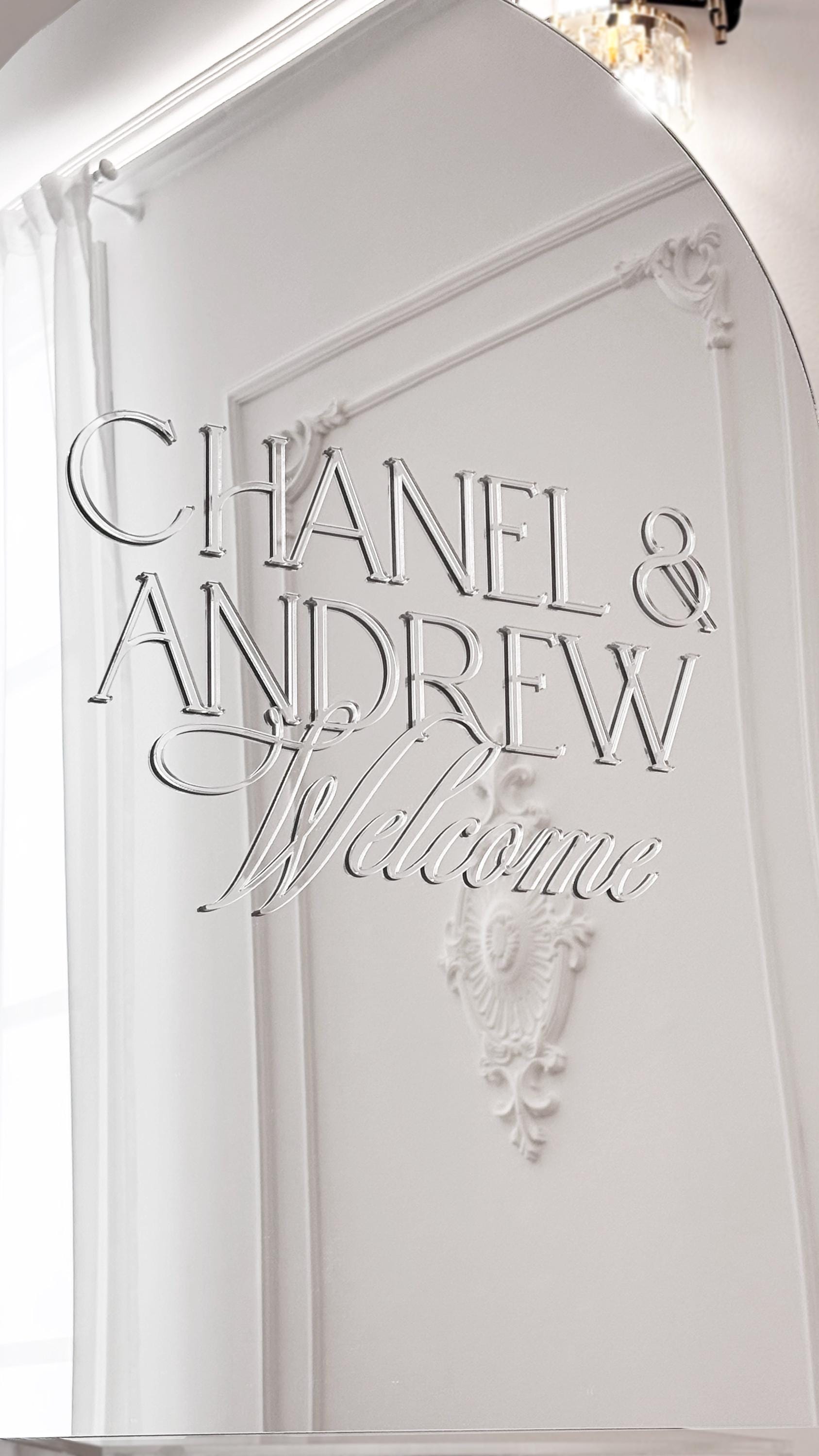 Silver mirror acrylic wedding welcome sign arched shape with 3D raised names
