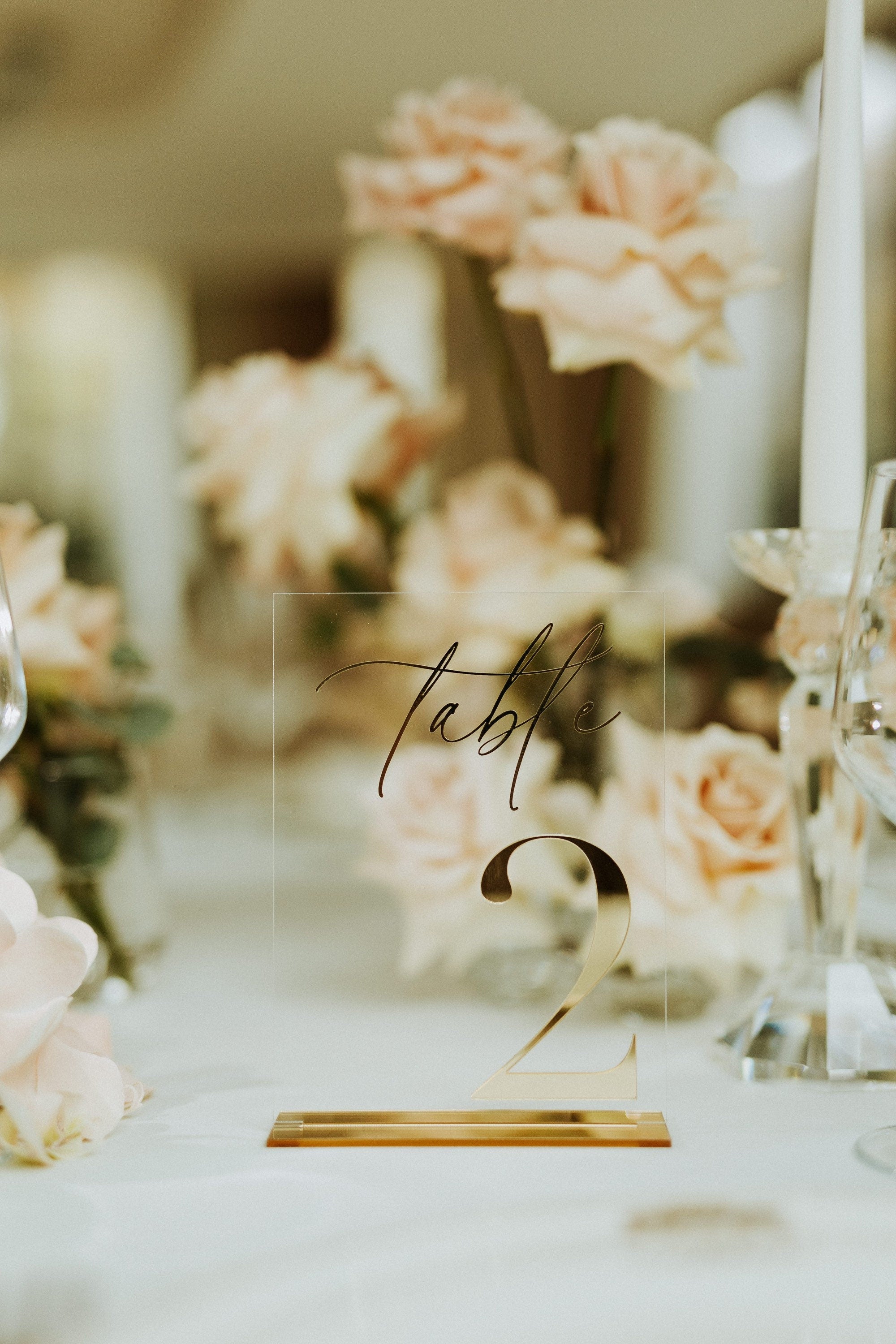 Modern wedding table sign in clear acrylic with gold mirror number
