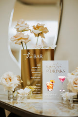Gold mirror acrylic bar sign with custom drink menu list
