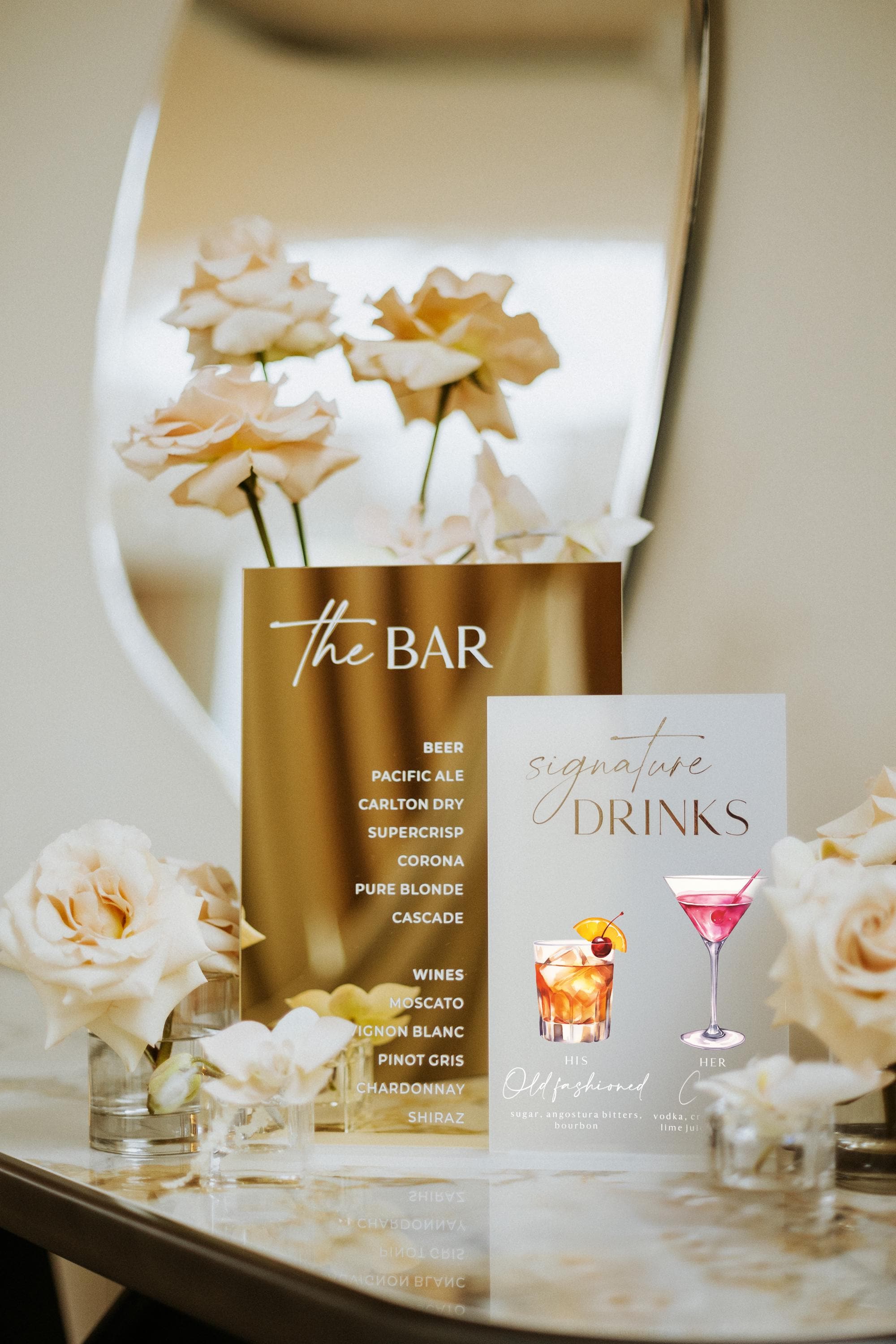 Gold mirror acrylic bar sign with custom drink menu list
