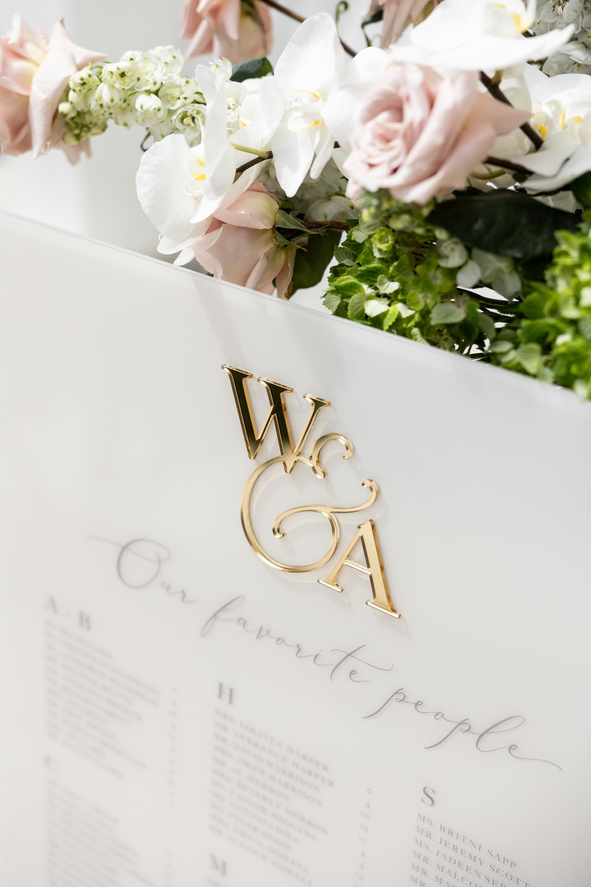 Close-up of 3D gold mirror monogram on beige acrylic wedding seating chart
