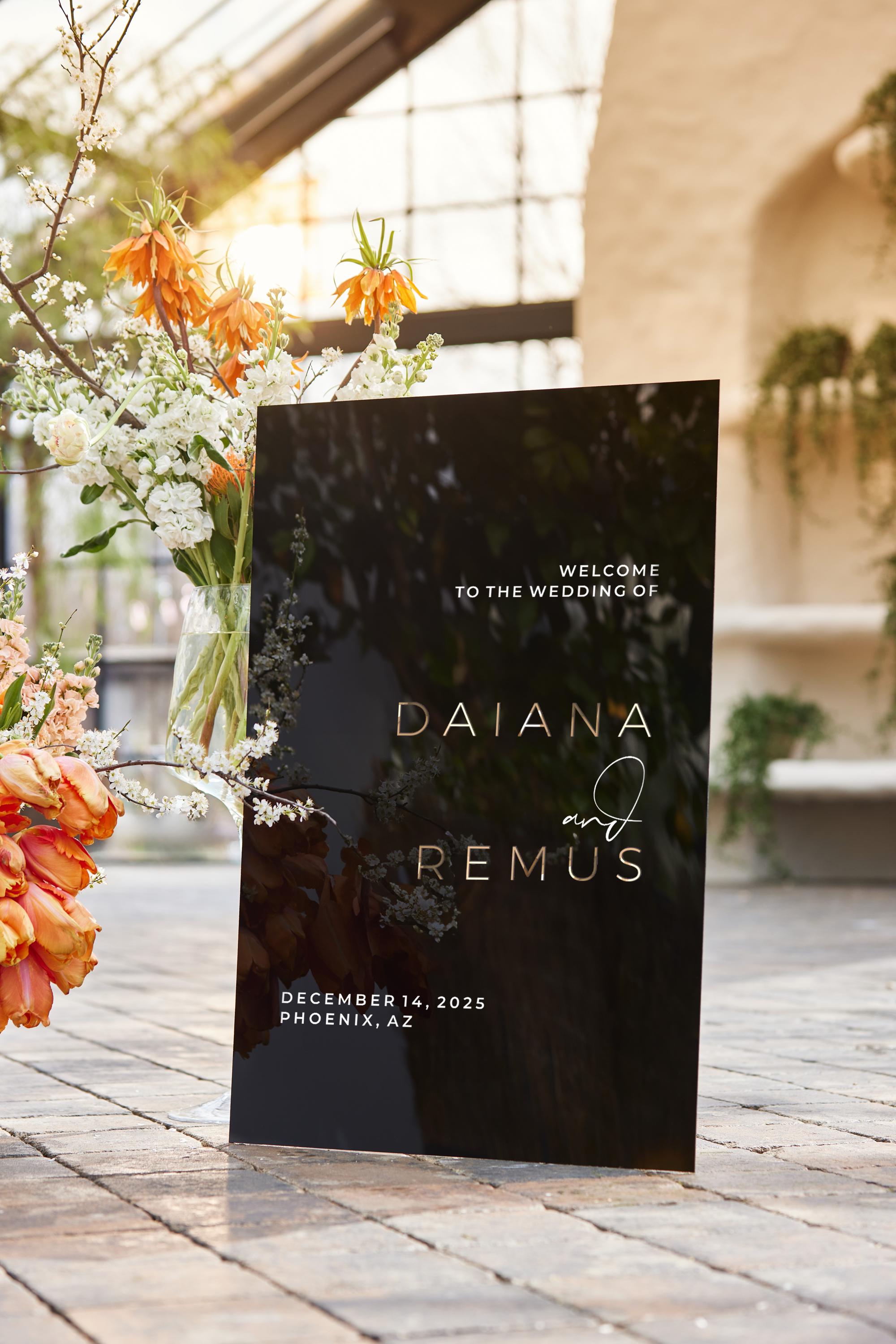 Personalized black acrylic wedding sign with 3D gold names detail