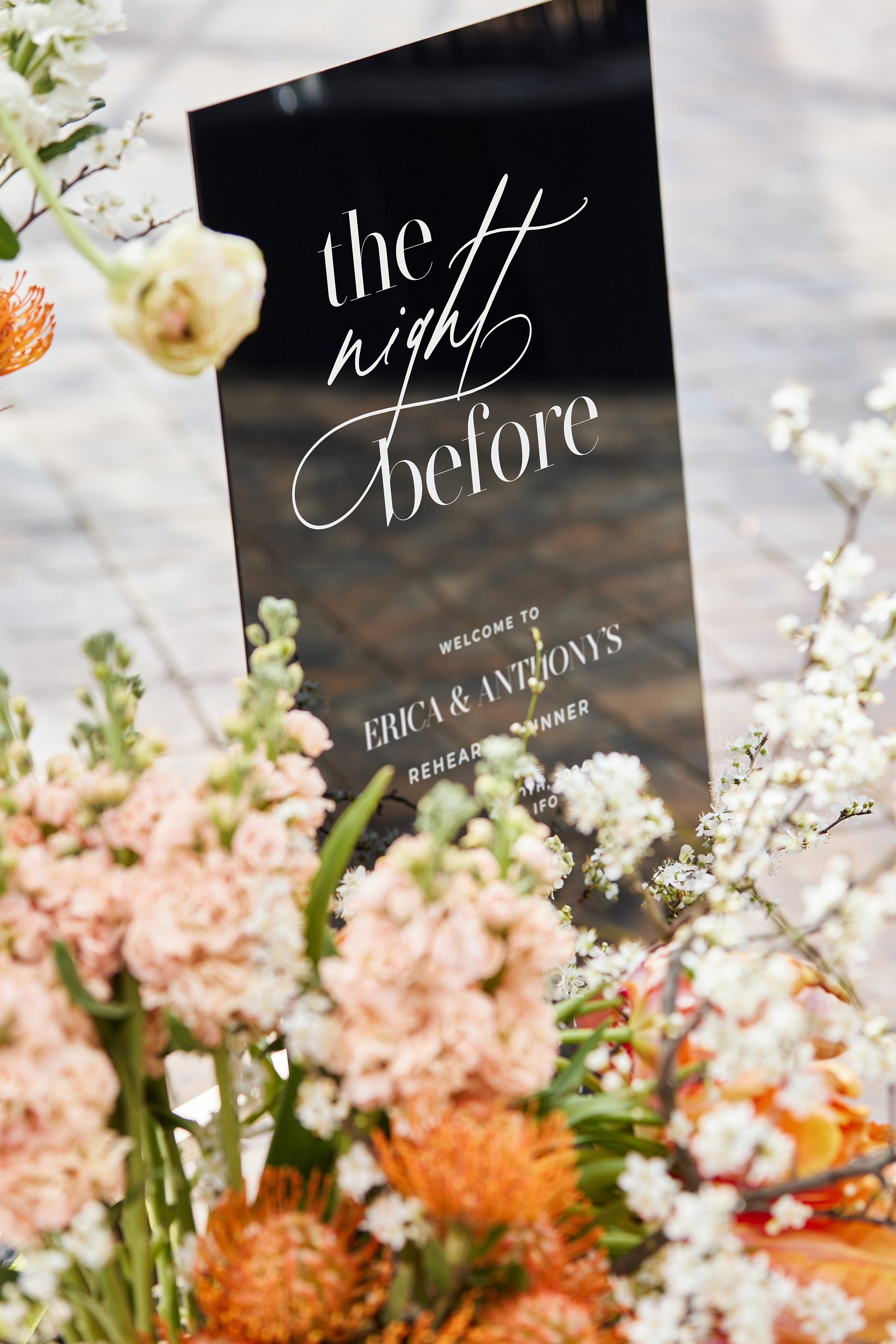 The Night Before wedding rehearsal sign black acrylic with elegant white script
