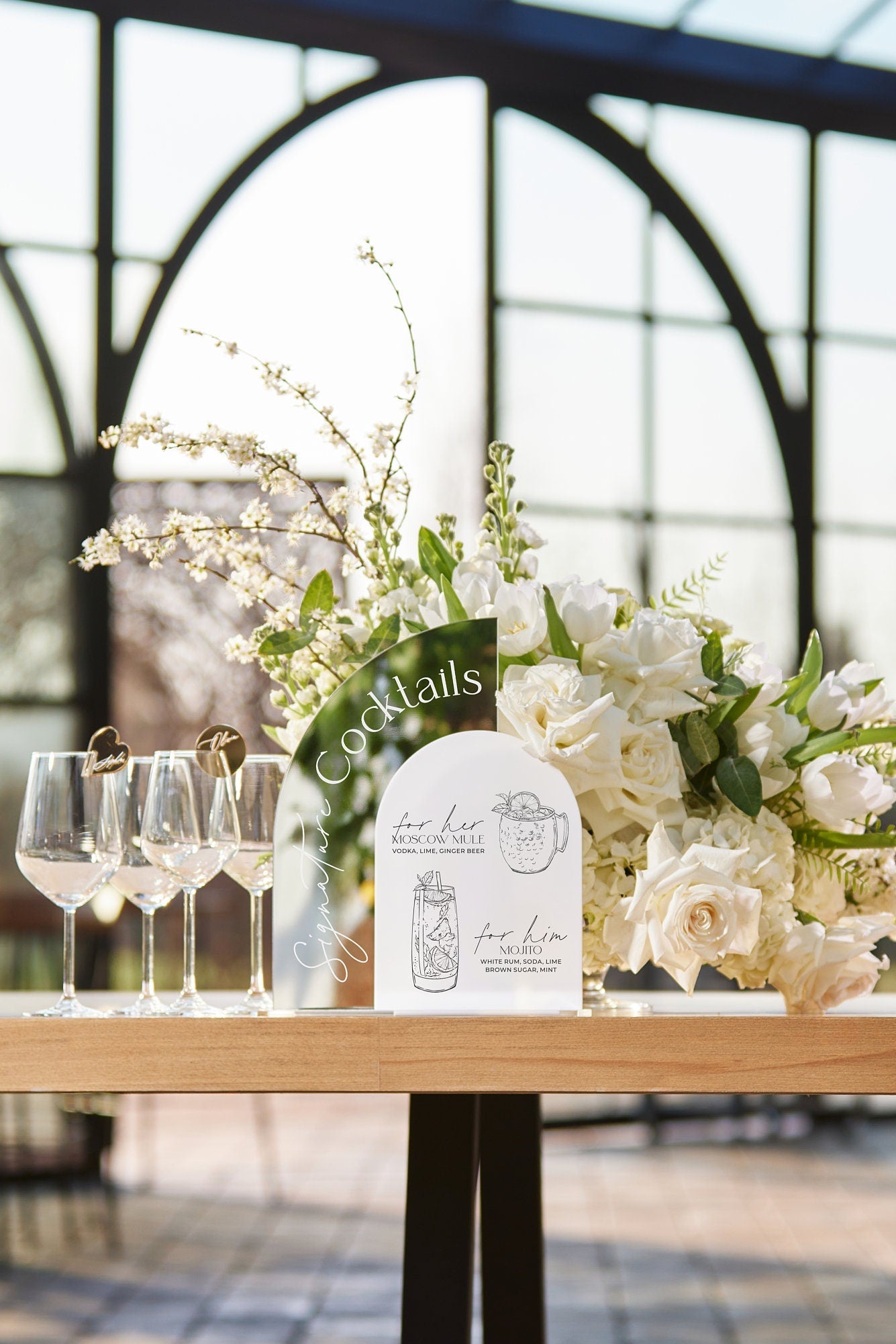 Elegant wedding bar signage in silver mirror and white acrylic finish

