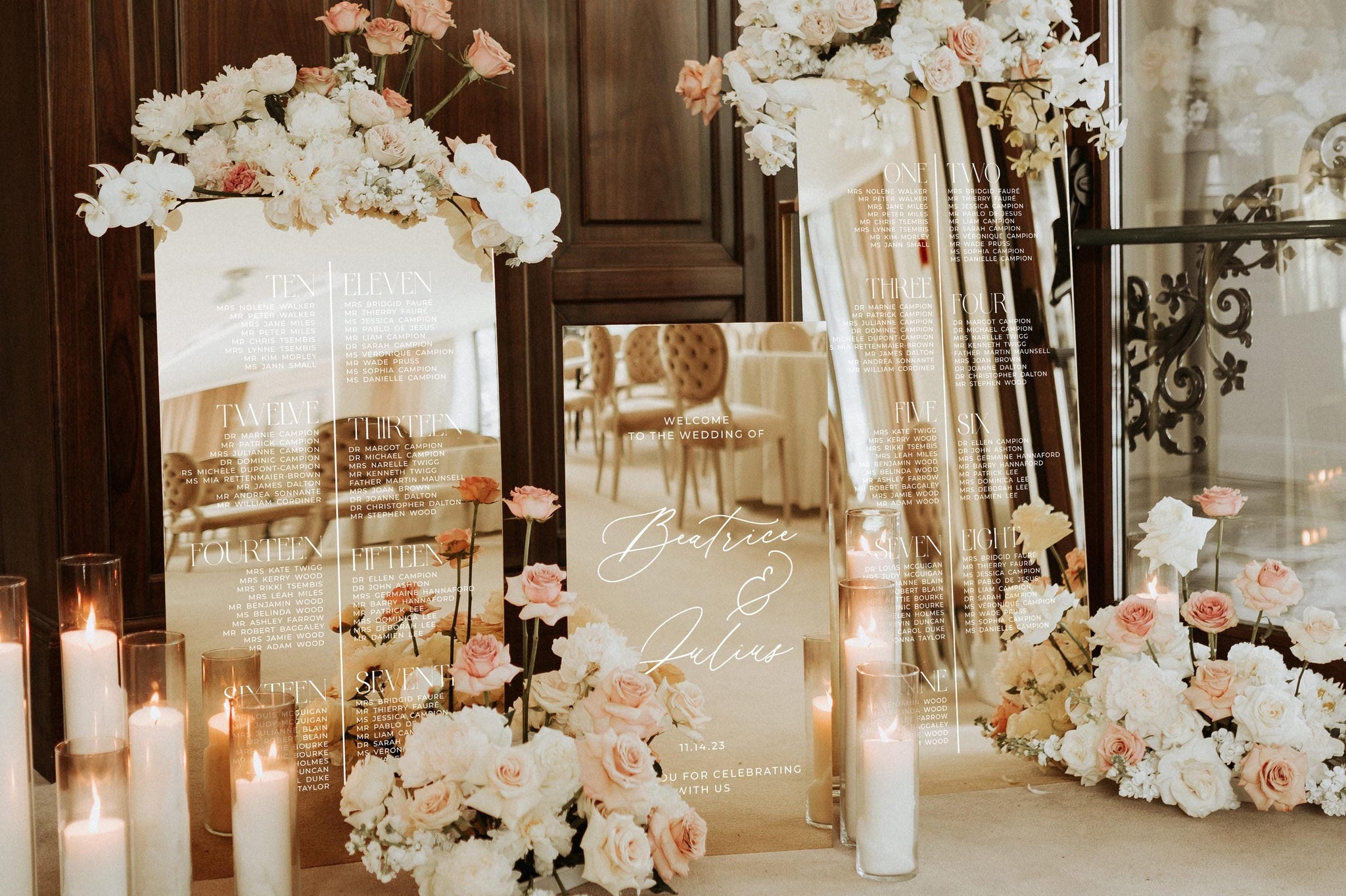 Three gold mirror wedding signs with seating plan and welcome sign
