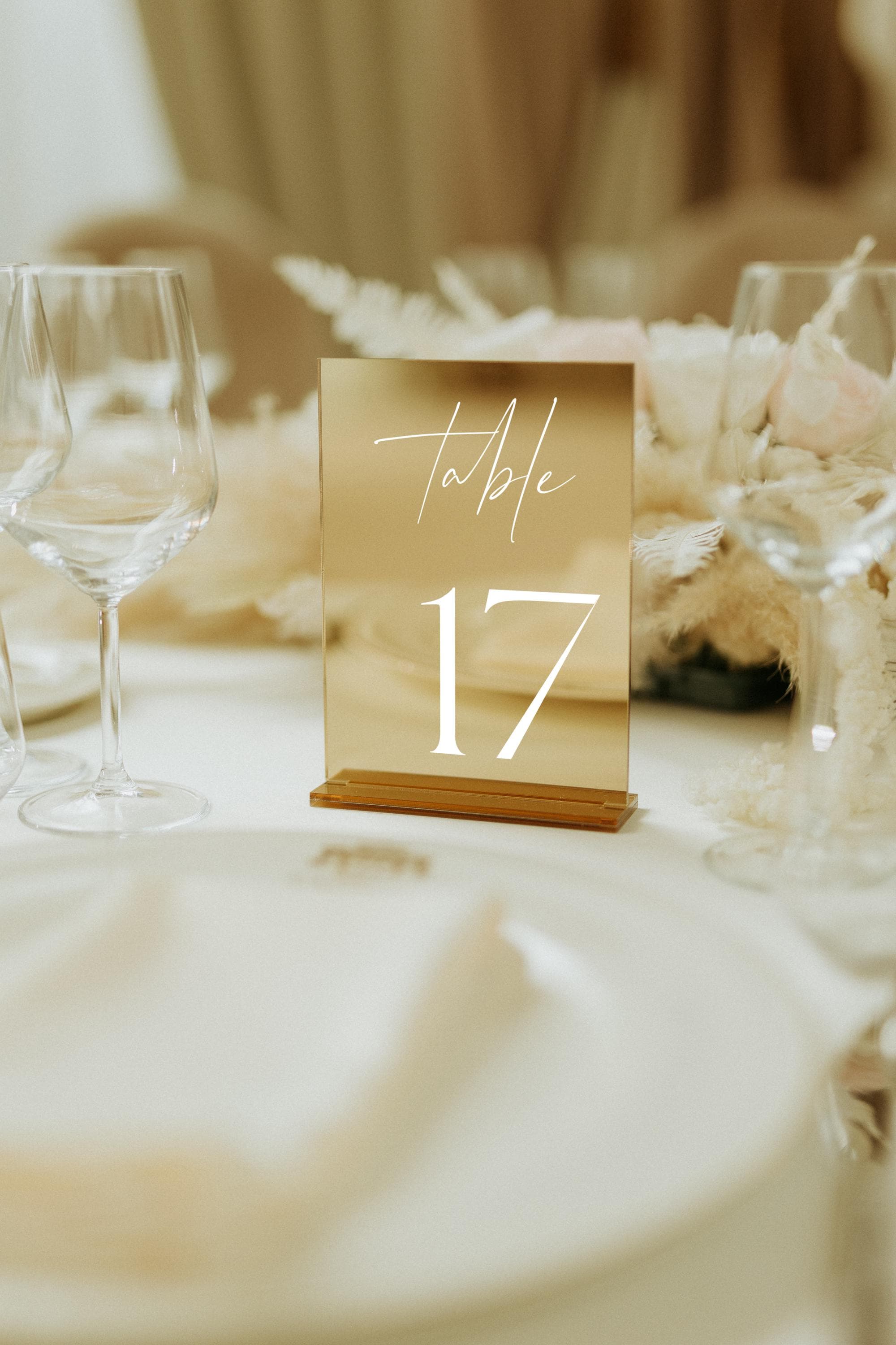 Gold mirror wedding table number with acrylic stand for reception