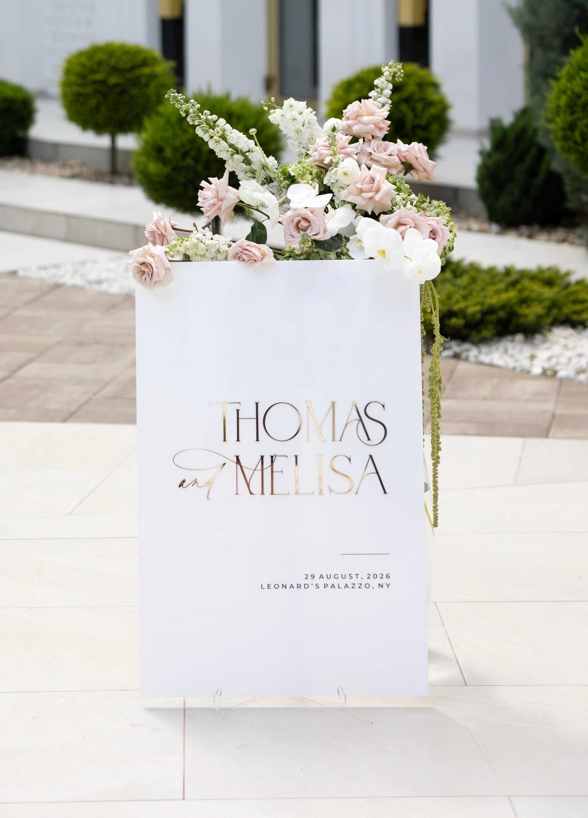 Wedding welcome sign white acrylic with 3D gold mirror names for reception
