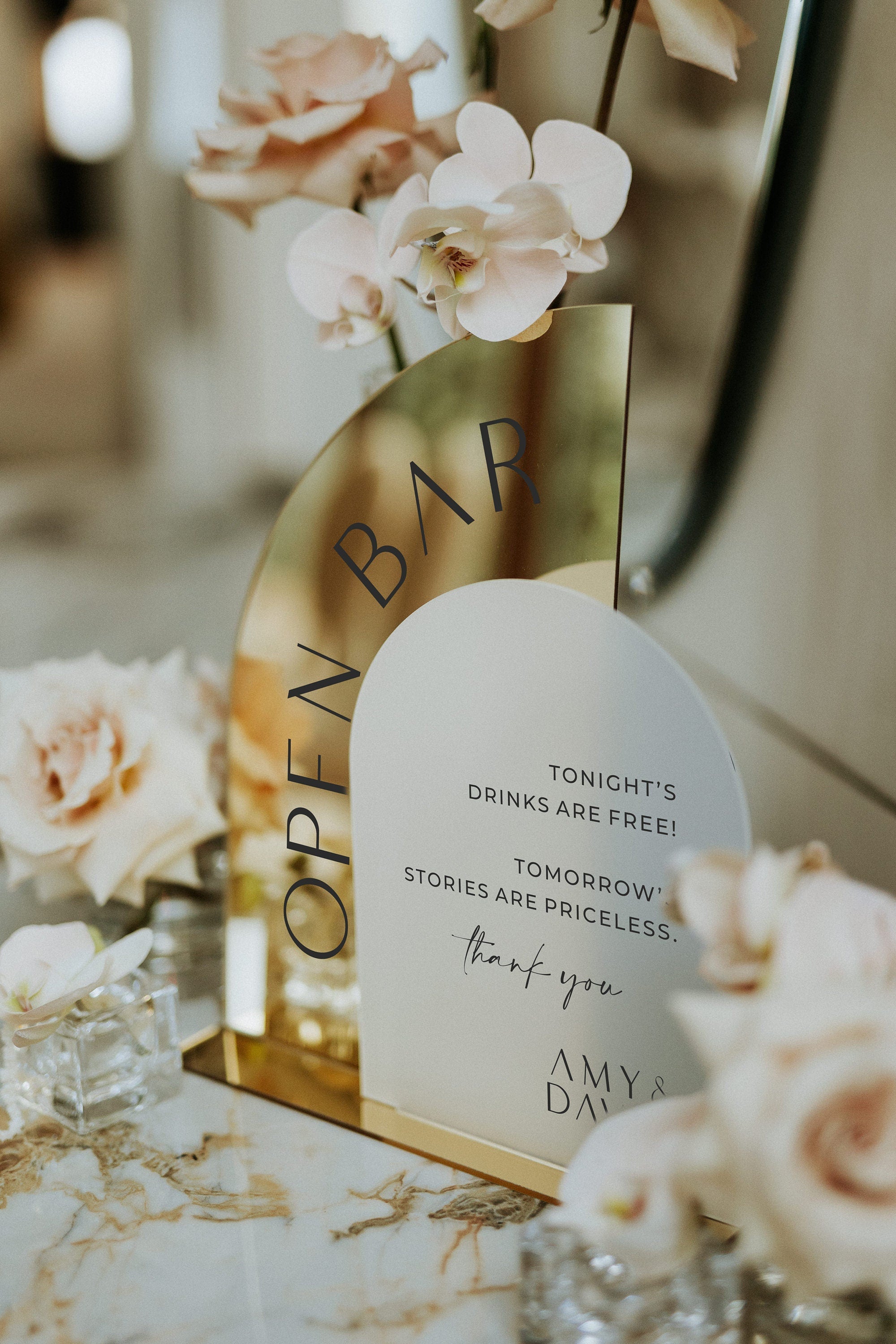 Wedding reception bar sign in gold mirror and frosted acrylic