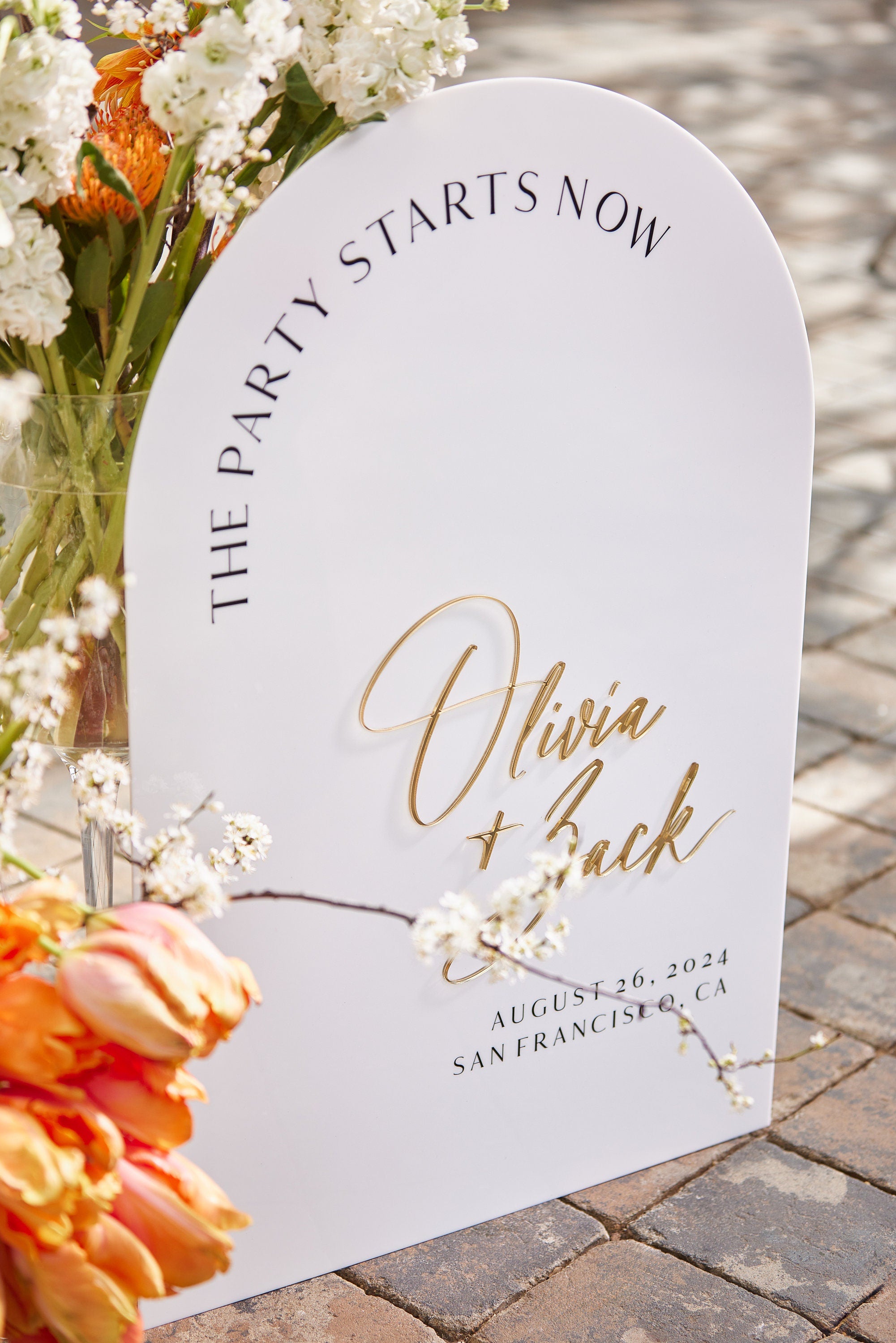 Wedding welcome sign arched white acrylic with names and location details
