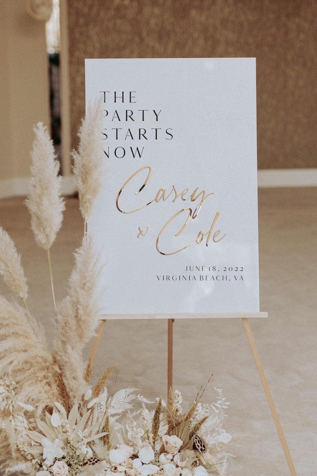 White acrylic wedding sign with 3D gold mirror names and personalized text
