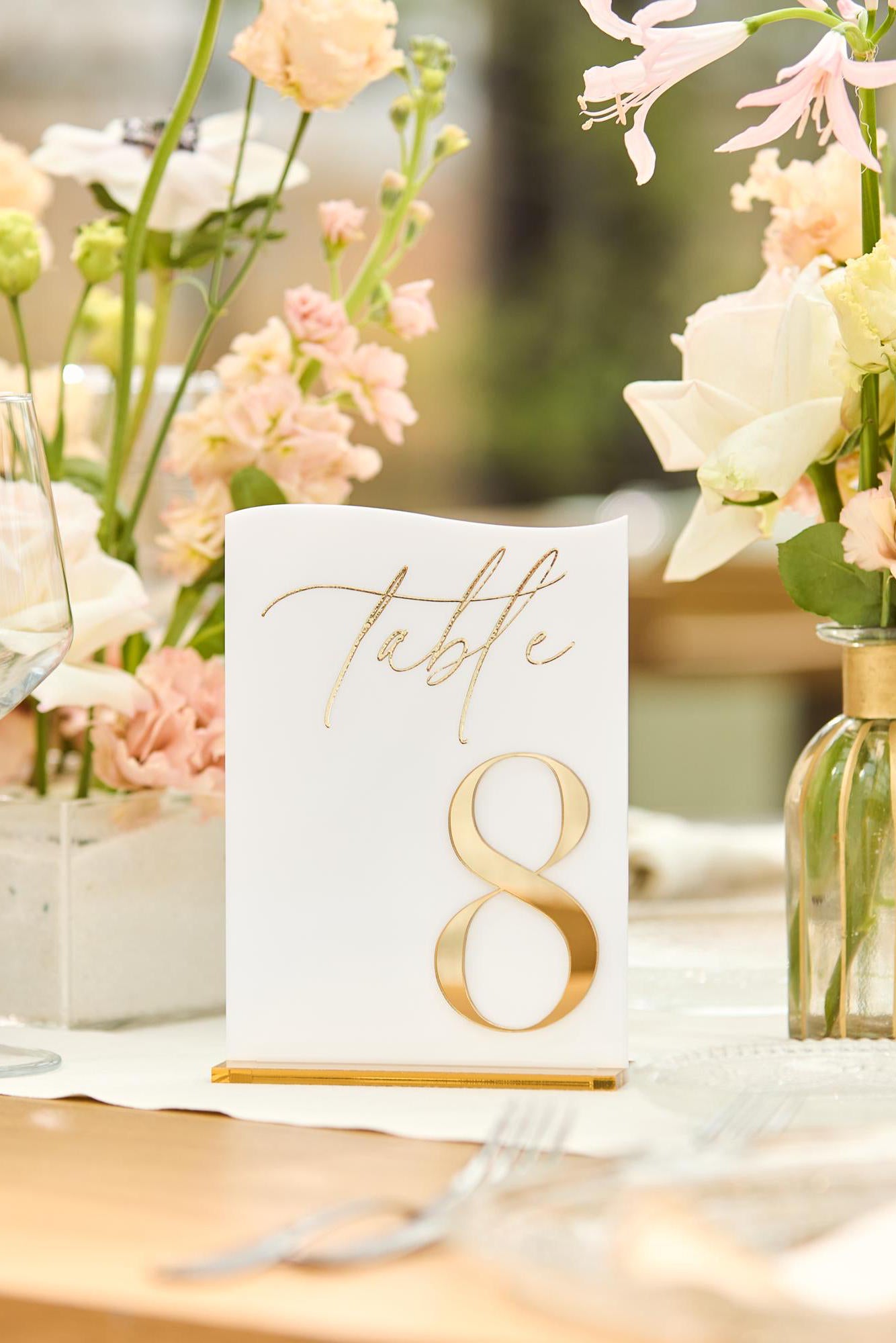 White acrylic wedding table numbers with 3D gold mirror numbers and stand
