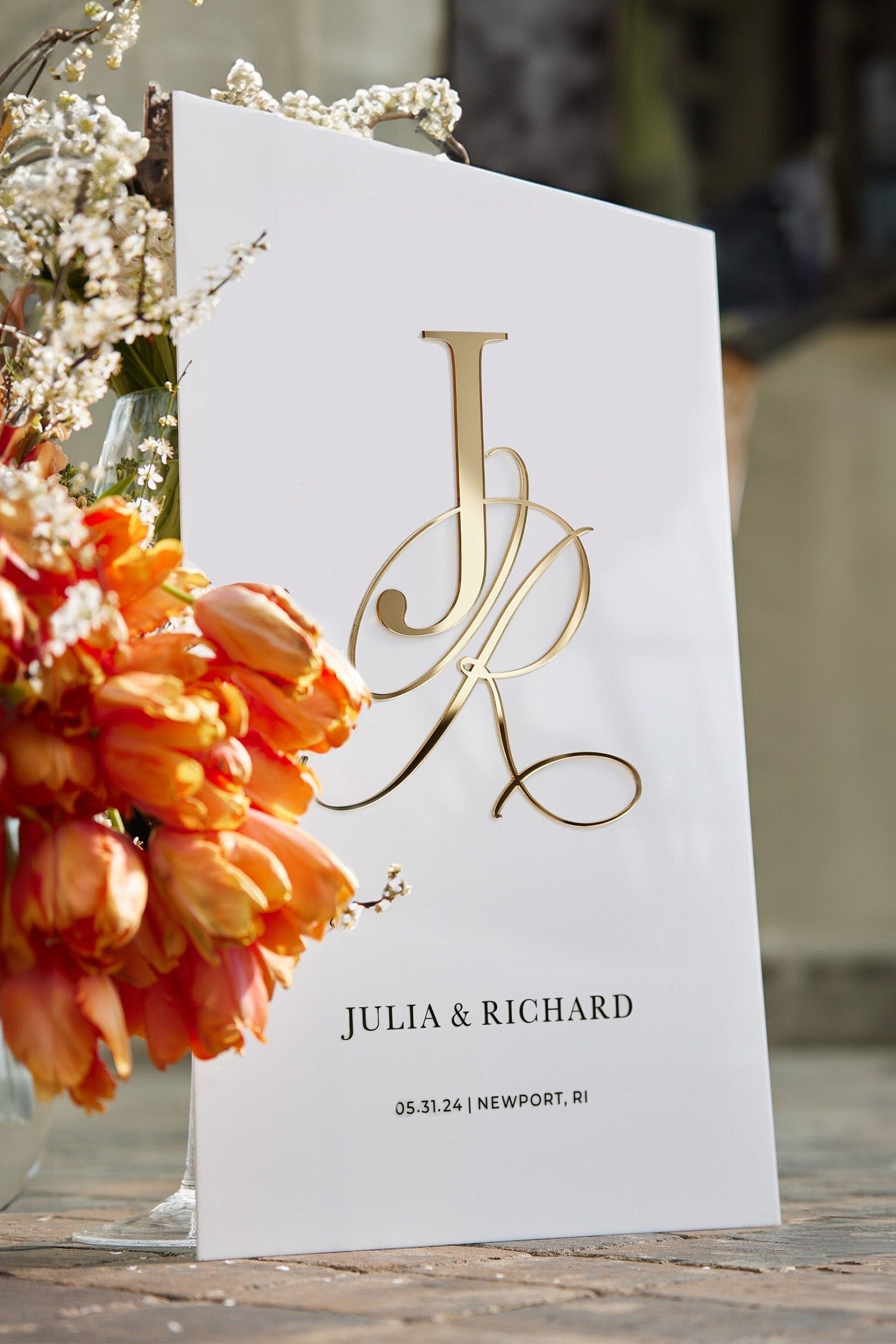 White acrylic wedding welcome sign with 3D gold mirror initials and names
