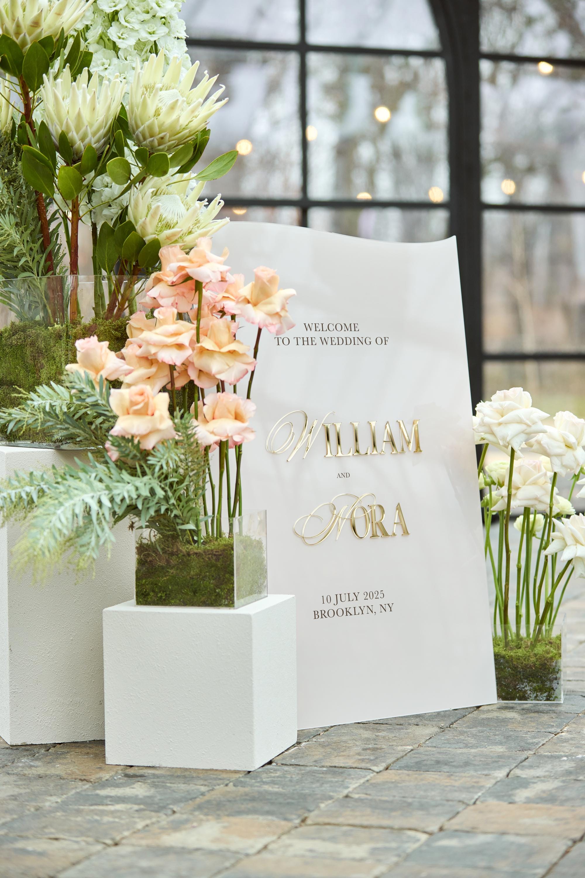 Beige acrylic wedding sign with 3D gold mirror personalized names and date
